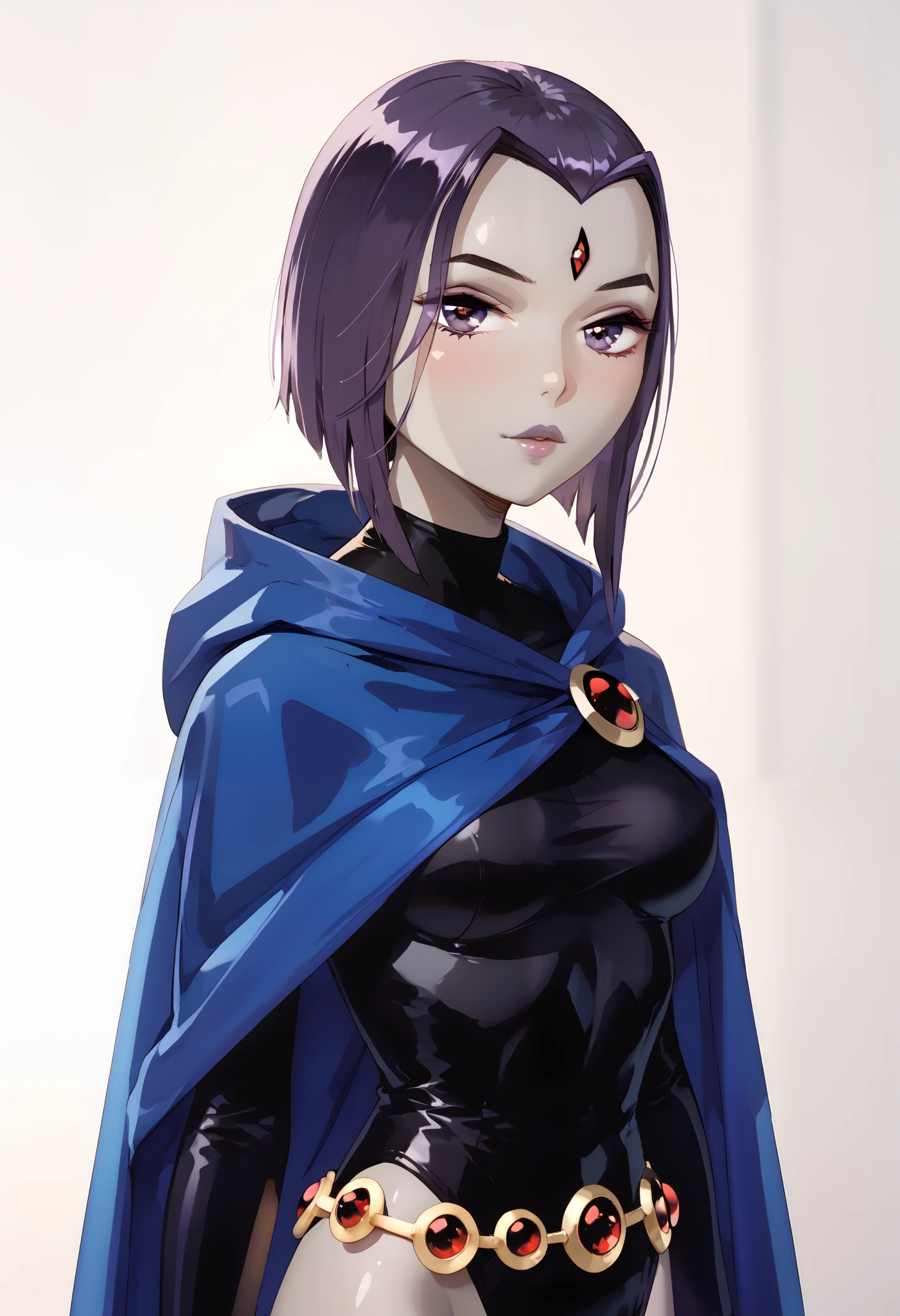 extremely detailed CG, high resolution, best quality, masterpiece, single woman, gray skin, raven (teen titans), purple eyes, (beautiful detailed eyes: 1.4), dark purple hair, short hair, blue cloak (unhooded), black  long-sleeved leotard, golden belt, natural pose, white background