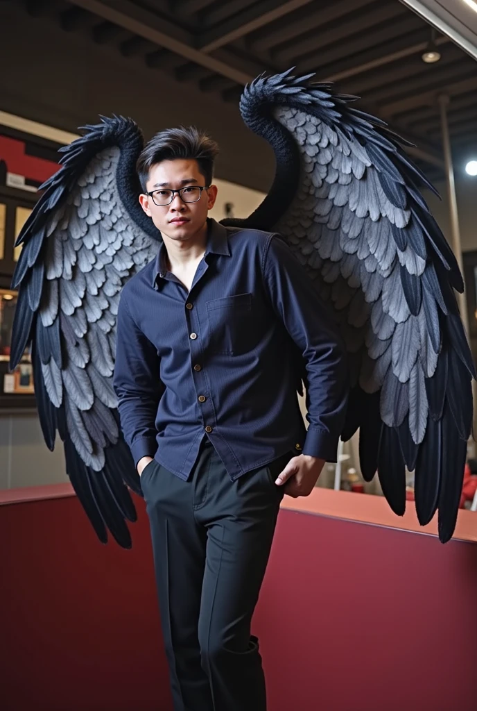 A full body man, with short blonde hair, strong with tattoos on his chest, wearing glasses, with white angel wings, no shirt, just black pants