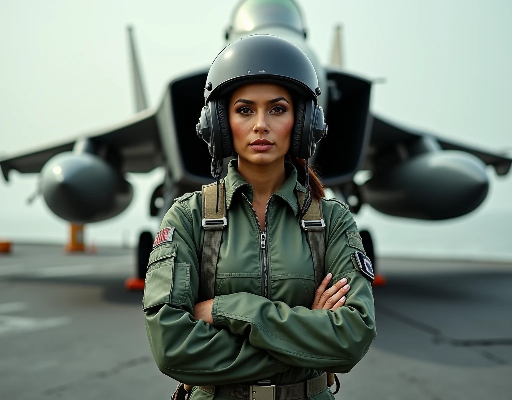 Priyanka chopra wearing a military pilot suit, wearing a pilot helmet, standing behind a f22, full body view, wearing pilot gear, facing diagonally, smiling, arms crossed