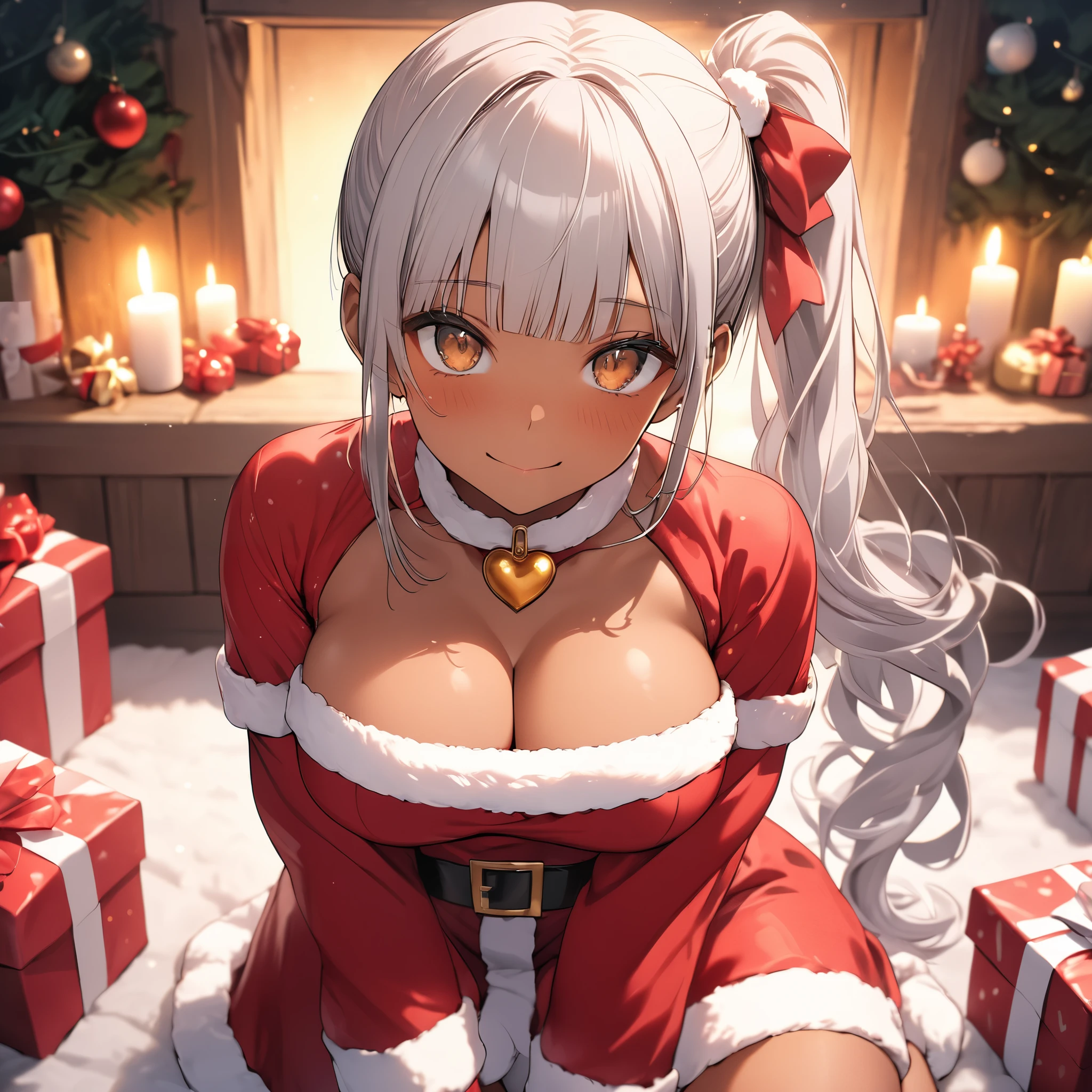 ((dark skinned female:1.3)),  brown eyes, Intricate Details,  Beautiful Detailed Face , santa costume, watching viewers,  silver Hair , (side ponytail hair:1.3),  blunt bangs , huge chest, hair ribbon, tan skin, gleaming skin, shiny skin, embarrassed, heart gesture pose, living,  sitting, cowboy shot, Atmospheric Perspective, 8k, super detailed, gift box