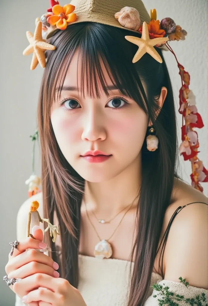  absurd,  high definition ,  super detailed ,  1 girl, Alone,  very detailed eyes, Starfish, seashell, shell, flower,  has , hair accessories, gem, straw  has ,  is watching viewers,  sunglasses,  has  flower, straw, hair clip, earrings, Red Flower,  colored glasses,  yellow flower, bangs,  English text , Multicolored Hair, Orange Blossom,  black hair, ring, cup,  long hair, orange- colored glasses, Food, Brown Hair,  yag, shell hair accessories