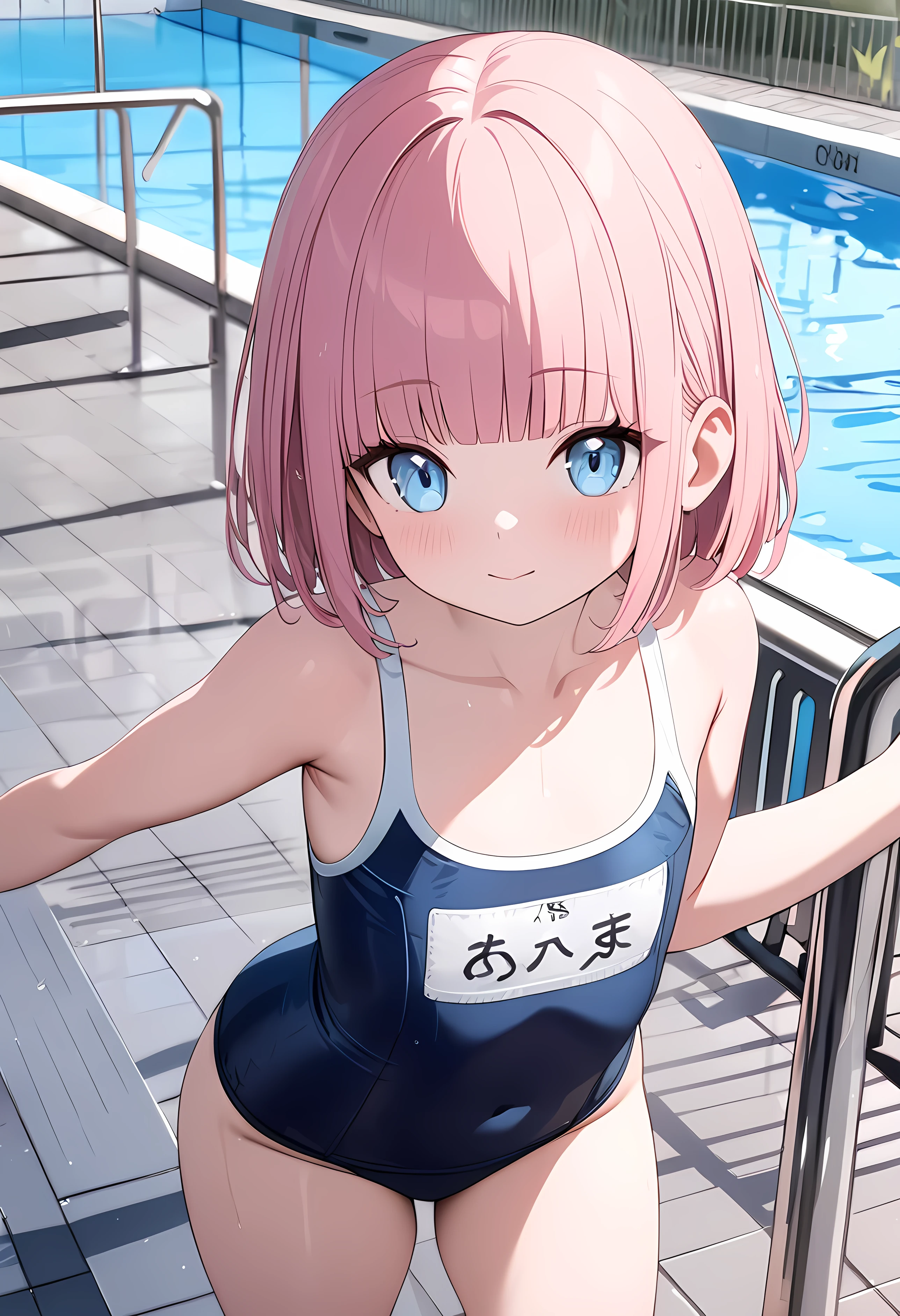 (ultra-detailed:1.5),( cute girl,li:1.4),( SCHOOL SWIMSUIT ),(cute light blue eyes ),( pink hair, bob hair,blunt bangs:1.1),Big thighs,Pool, cowboy shot,(8k, best quality, masterpiece, clear, ultra high res, super detail, accurate, high details, highres icon,,Detailed face)