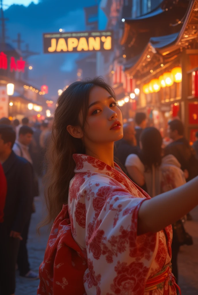 ((Masterpiece, top quality, high resolution, highly detailed CG unified 8K wallpaper)), (stunning goddess shot, jaw-dropping beauty, perfect proportions, beautiful body, curvy:1.3), At night in a hot spring resort area crowded with many tourists, a woman in a Japanese yukata takes a selfie, the steamy, hazy lantern lights creating a fantastic scene, a tourist poster, large “Journey to Japan” written on it,