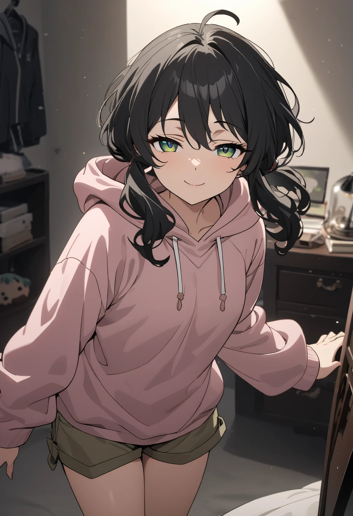 (high-quality, breathtaking),(expressive eyes, perfect face) 1girl, female, solo, mature, half open eyes, Alicization, Symmetrical Eyes, happy smile, long pigtail hairstyle, SAO inspired, maomao, cowboy shot, medium full shot, long black hair, bangs, alluring green eyes, small breasts, (Oversized pink hoodie), black white and gray palette, gray clothes, hair between eyes, fluffy wavy hair, half open eyes, small Ahoge, black hair color, khaki cargo shorts, looking towards viewer, HD, High quality image, dusty particles floating around, neat and tidy bedroom background