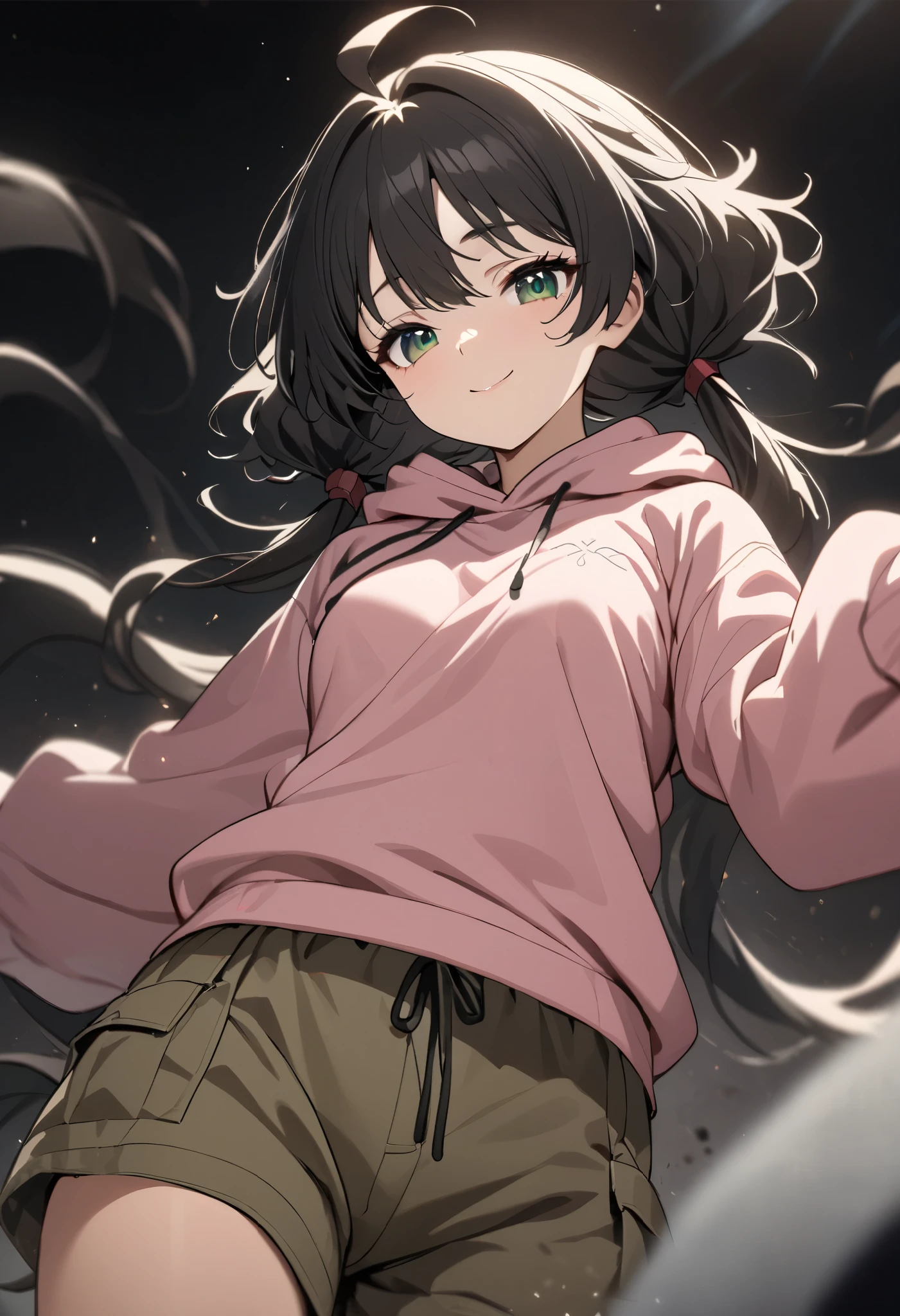 (high-quality, breathtaking),(expressive eyes, perfect face) 1girl, female, solo, mature, half open eyes, Alicization, Symmetrical Eyes, happy smile, long pigtail hairstyle, SAO inspired, maomao, cowboy shot, medium full shot, long black hair, bangs, alluring green eyes, small breasts, (Oversized pink hoodie), black white and gray palette, gray clothes, hair between eyes, fluffy wavy hair, half open eyes, small Ahoge, black hair color, khaki cargo shorts, looking towards viewer, HD, High quality image, dusty particles floating around,