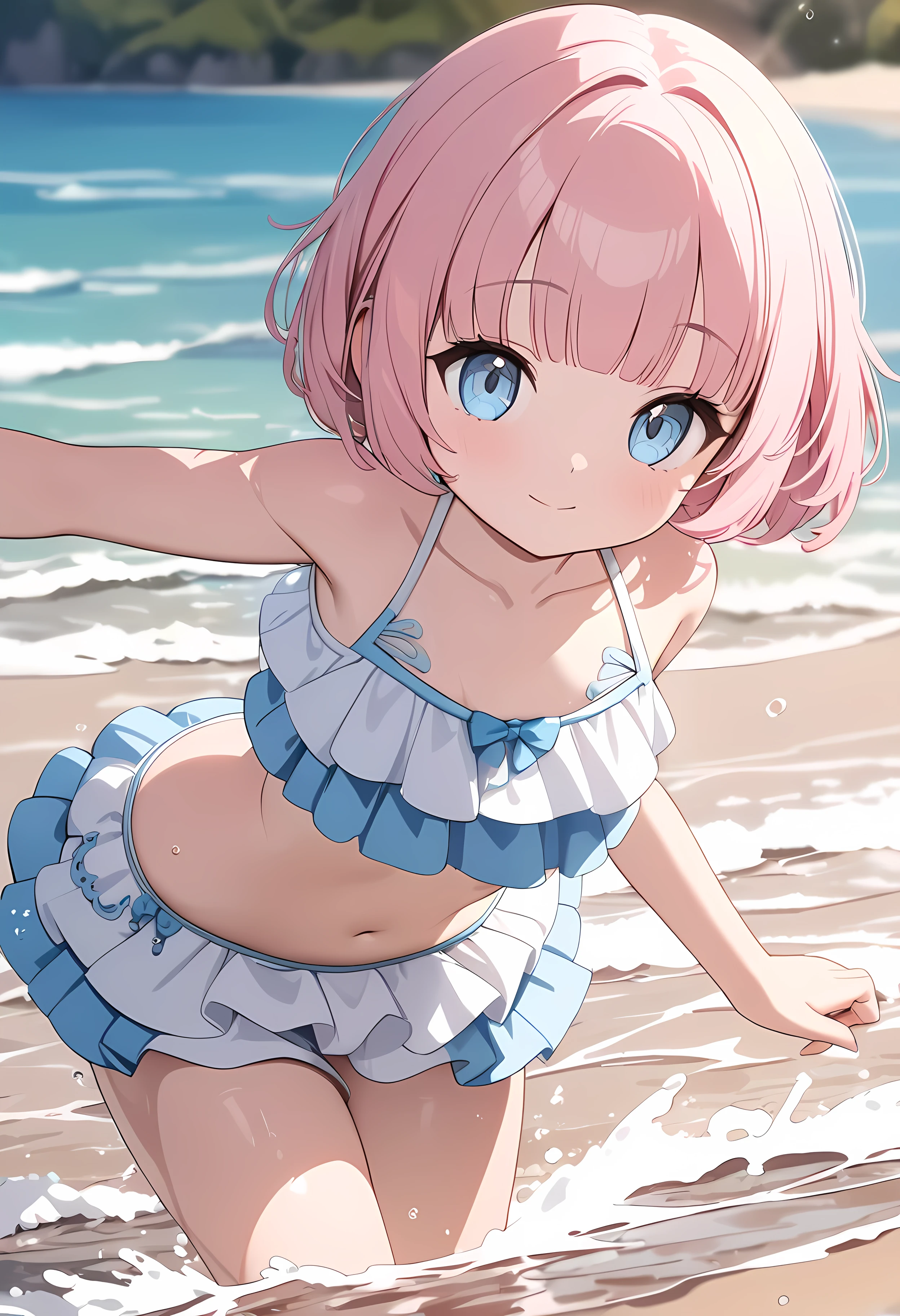 (ultra-detailed:1.5),( cute girl,li:1.4),( swimsuit),(cute light blue eyes ),( pink hair, bob hair,blunt bangs:1.1),Big thighs, Beach ,water surface, splashes, cowboy shot,(8k, best quality, masterpiece, clear, ultra high res, super detail, accurate, high details, highres icon,,Detailed face)