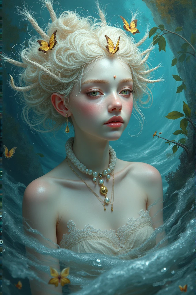 high quality, highly detailed, fantasy, At the forefront of this enchanting scene stands a fantastical closeup of 4 year old albino girl, a harmonious fusion of the whimsical beings imagined by Richard Burlet, Ida Rentoul and Iris Esther and the organic fluidity found in THE STYLE OF William Morris and Alphonse Mucha's art nouveau lines, she becomes a captivating focal point, embodying the essence of surreal enchantment and organic elegance, Adding an otherworldly touch, an ethereal elegance with classic christmas decorations, HDRI