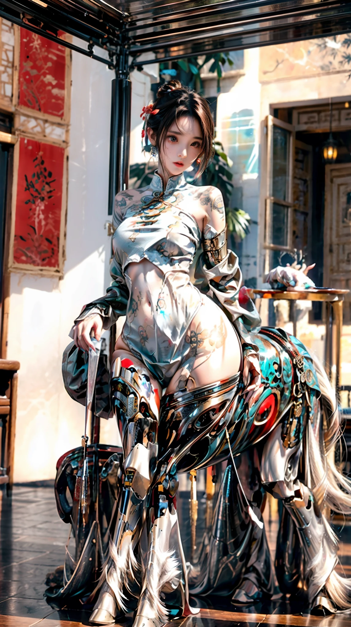  Design an oversized wide-angle ， super depth of field ， Includes super costumes that combine classical and trendy clothing from China and the West ， multi-angle capture ， Focus on the character's face ，（ cybermecha centaur 、Metaphor 、, that unites people and horses 、Sexual tension：1.8）， world-class rendering ， super detailed，Super complex，Super-sharp ， super high quality output， bright color ， beautiful ancient god Siren ，{ super skill fighting moves ， using commercial giant makeup props ，, that unites people and horses （人马合一的Cyber机甲半人马，Centaur，Centaur：1.8），and（ with beautiful ribs ，Mermaid，Half man, half fish：1.6），and（Cat girl，Cat People， half human half cat ），and（ high-energy phoenix girl ，Fire woman， half human half fire ：1.6），besides（Fairy：1.6），as well（Succubus：1.6），, two-dimensional appearance adjustment, empress ，they（Integrated 、 Perfect Blend 、 precise connection 、 seamless nesting ， and more than five others, Furui 、tail、Tentacles、Wings、Feather、scale、nail、hoof、Anti-Joint 、Arthropod、fur、Chitin 、Pattern、Tattoo、 Gorgeous decoration and other external features {x } Mythical Legends Monster Character Corner ：2)，（Beauty：1.5）、Tear mole、（ many fantasy and technology .5）、收窄的肋骨and肩、Vacuum belly、 rough、 ultra-long hips and legs ， epic grand background 、 Medical Beauty Skin 、 Mysterious and fragrant organs }。 concealing mystery, temple level sexual characteristics ，加入中式玄幻and西方奇幻等多种幻想元素的装备and服饰，包含有中西方多种古典and潮服融合的超级服装，诸多幻想and科技融合的特种装备， x} A large package with an oversized curve, a full, super-giant jelly chest 1 。 partner combination 、interactive、Innocence、Neon、 multiple color light 、Fire、 ultimate color control 、Fun、 Surrealism 、Cyber、Prize-winning entries 、、 inspirational idea 、 Clean Picture 、Reality、 settlement screen 、Chinese Comics、AAA Games。（ cybermecha centaur 、Metaphor 、 concentrated computing power metaphor using camera language 、Sexual tension：1.8）。