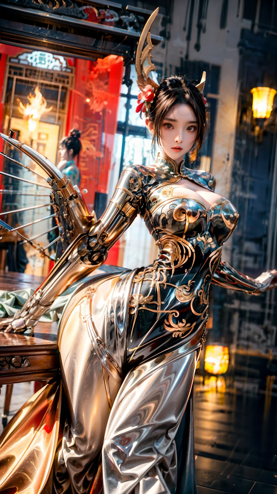  Design an oversized wide-angle ， super depth of field ， Includes super costumes that combine classical and trendy clothing from China and the West ， multi-angle capture ， Focus on the character's face ，（ cybermecha centaur 、Metaphor 、, that unites people and horses 、Sexual tension：1.8）， world-class rendering ， super detailed，Super complex，Super-sharp ， super high quality output， bright color ， beautiful ancient god Siren ，{ super skill fighting moves ， using commercial giant makeup props ，, that unites people and horses （人马合一的Cyber机甲半人马，Centaur，Centaur：1.8），and（ with beautiful ribs ，Mermaid，Half man, half fish：1.6），and（Cat girl，Cat People， half human half cat ），and（ high-energy phoenix girl ，Fire woman， half human half fire ：1.6），besides（Fairy：1.6），as well（Succubus：1.6），, two-dimensional appearance adjustment, empress ，they（Integrated 、 Perfect Blend 、 precise connection 、 seamless nesting ， and more than five others, Furui 、tail、Tentacles、Wings、Feather、scale、nail、hoof、Anti-Joint 、Arthropod、fur、Chitin 、Pattern、Tattoo、 Gorgeous decoration and other external features {x } Mythical Legends Monster Character Corner ：2)，（Beauty：1.5）、Tear mole、（ many fantasy and technology .5）、收窄的肋骨and肩、Vacuum belly、 rough、 ultra-long hips and legs ， epic grand background 、 Medical Beauty Skin 、 Mysterious and fragrant organs }。 concealing mystery, temple level sexual characteristics ，加入中式玄幻and西方奇幻等多种幻想元素的装备and服饰，包含有中西方多种古典and潮服融合的超级服装，诸多幻想and科技融合的特种装备， x} A large package with an oversized curve, a full, super-giant jelly chest 1 。 partner combination 、interactive、Innocence、Neon、 multiple color light 、Fire、 ultimate color control 、Fun、 Surrealism 、Cyber、Prize-winning entries 、、 inspirational idea 、 Clean Picture 、Reality、 settlement screen 、Chinese Comics、AAA Games。（ cybermecha centaur 、Metaphor 、 concentrated computing power metaphor using camera language 、Sexual tension：1.8）。