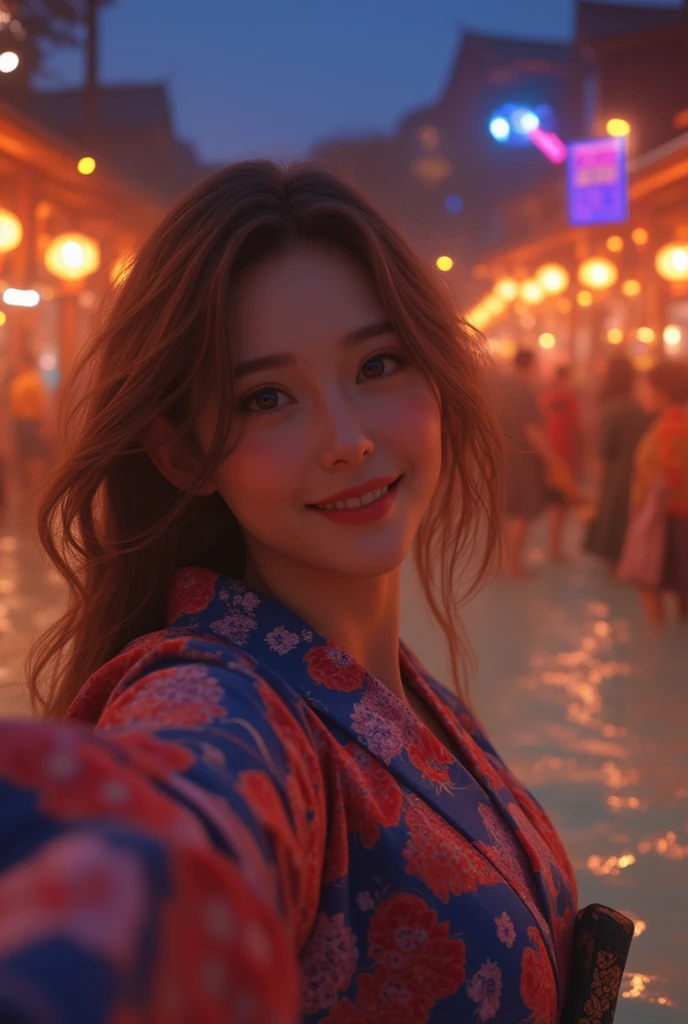 ((Masterpiece, top quality, high resolution, highly detailed CG unified 8K wallpaper)), (stunning goddess shot, jaw-dropping beauty, perfect proportions, beautiful body, curvy:1.3), At night in a hot spring resort area crowded with many tourists, a woman in a Japanese yukata smiles and takes a selfie; the steamy haze of lantern lights creates a fantastic scene; a tourist poster, with the words “Trip to Japan” written in large letters,