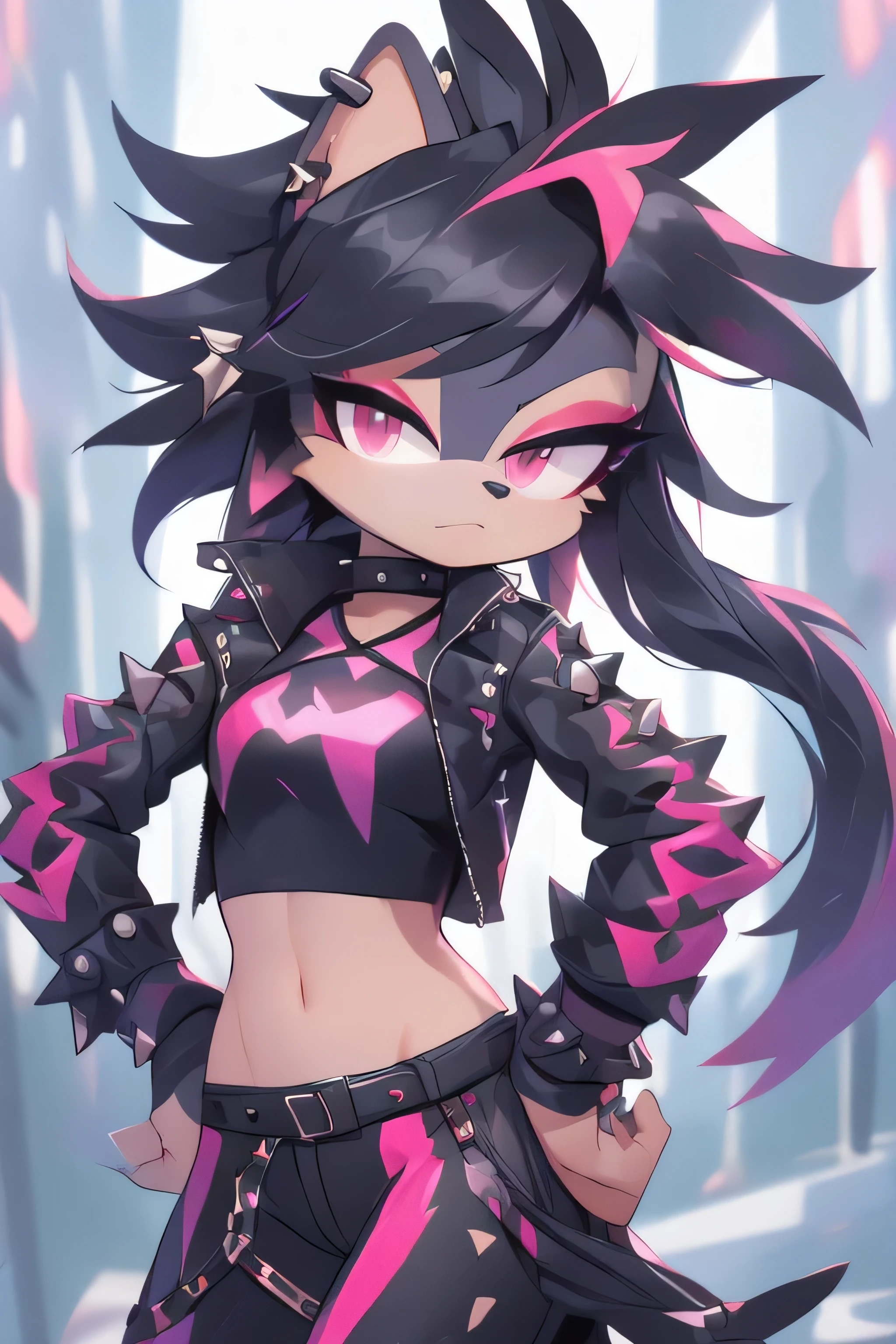 ((masterpiece)) ((UHD)) 4K, High detailed, Female anthropomorphic hedgehog, mobian, black fur, furry, Anime style art, Studio Quality, Atractive, gorgeous body, portrait, Best Quality, High resolution, breasts, midriff, multicolored hair black messy long Punk Hair with red highlights, long bangs, red eyes, purple eyeshadow, open black leather jacket, black cropped undershirt, belt, spike bracelets, black fingerless gloves, black choker, earrings, black leather pants,black and punk boots, frown, outdoors nighttime, Looking at viewer, dynamic pose