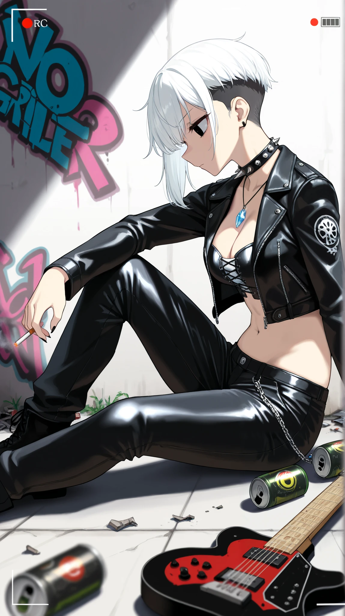 Hair: short hair, angled bob (electric blue)
Eyes colour: black
pale human skin, shark skin is two tone the top is the same colour as her hair and the bottom is light grey, toned physique, normal sized fin on her upper back and short fins on her lower arms, long shark tail from her lower back.
Outfit: open short leather biker jacket, black sports bra accented with pink underneath with a zip in the middle, silver shark medallion necklace, faux leather skinny jeans, black combat boots