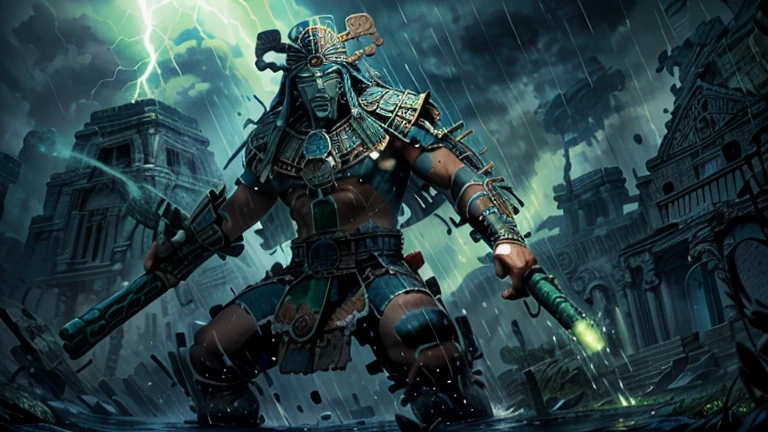  A representation of Tlaloc ,  the imposing Mexica rain god , under a storm. He has a powerful appearance ,  with skin in shades of blue and green ,  and a stern and majestic face .  His eyes shine with intensity ,  reflecting the power of rain and storms .  He wears the traditional attire of the Mexica gods ,  with details in stone and natural elements .  The rain falls hard around him , } as their presence rises above the landscape,  showing his absolute control over water .  The background shows dark clouds and rays ,  highlighting his authority and magnificence ., HD,  high definition ,  high detail , epic image.