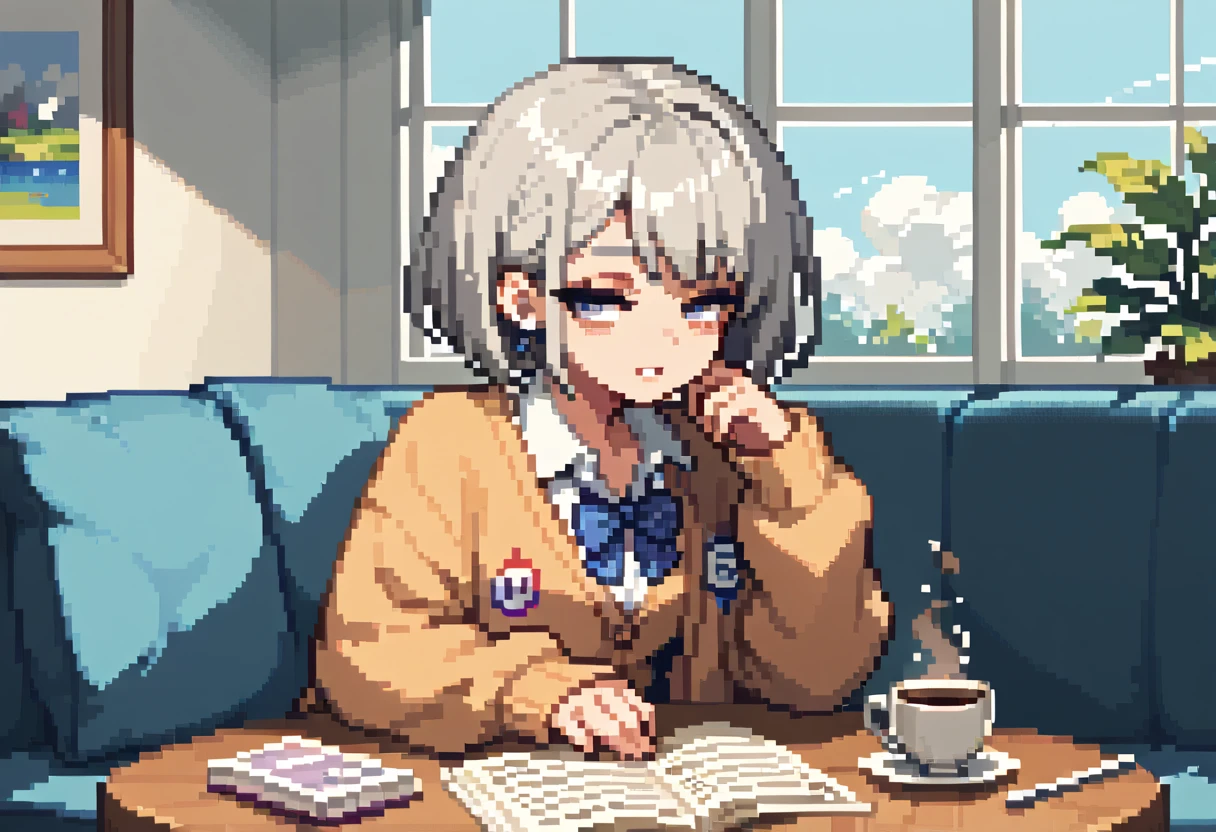  pixel art、solo,2D, beautiful illustration ,throw,Coffee lounge,Sitting facing the Viewer on a square table, looking at viewer,School uniform, Cardigan,Gray hair ,short hair,half closed eyes,bags、Sofa,Window