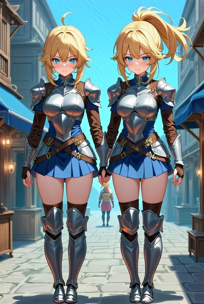 a beautiful Greek warriors girls standing guard at a door, Greek warrior, girls ,tanned skin, tail cover ,brown skin, ancient Greece, classical Greece, black armor ,slim body, defined abdomen , warrior woman, l ight armor, blonde hair ,