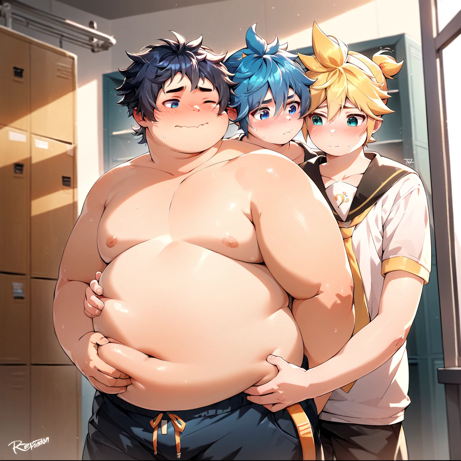  2boys, (yaoi couple), (male ren), (duo focus), fat, standing in the changing room, rubbing each other's belly, facing another, Break, Kagamine Len, obese, cute, shirtless, chubby body, face blushed, embarrassed, Break, blue hair color, school uniform, round cheek, chubby belly button exposed