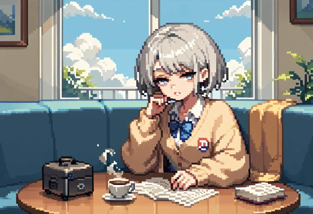  pixel art、solo,2D, beautiful illustration ,throw,Coffee lounge,Sitting facing the Viewer on a square table, looking at viewer,School uniform, Cardigan,Gray hair ,short hair,half closed eyes,bags、Sofa,Window