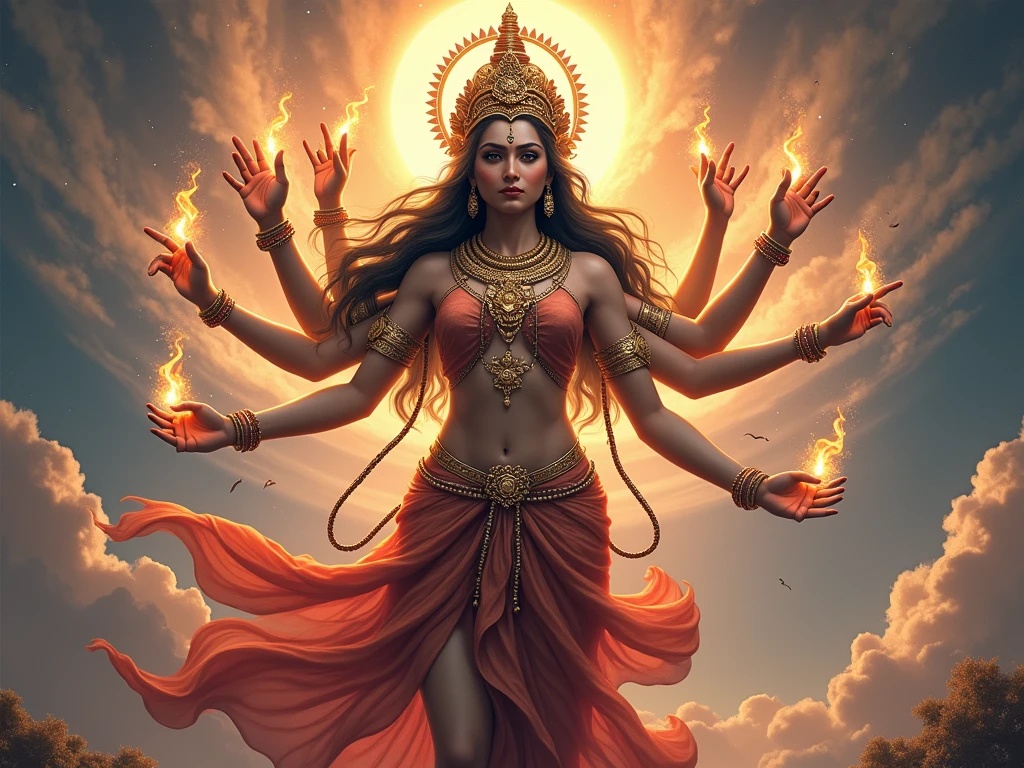 Indian goddess Durga, fierce expression, beautiful woman, 4DX, Best quality