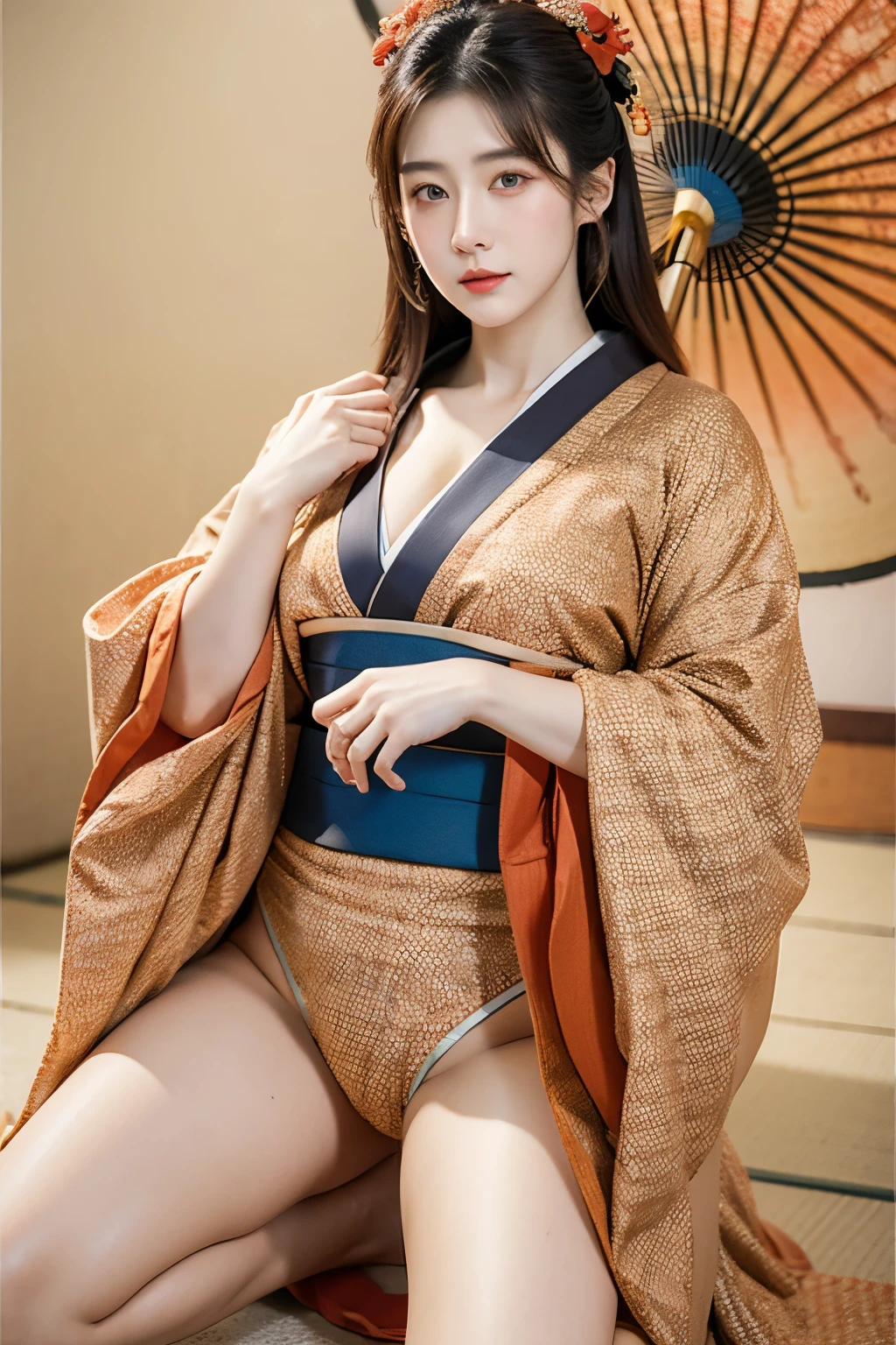 (Masseter muscle film、top quality、Ukiyo-e style、mystery、Exquisite and beautiful、official art、Sharaku:1.2)、(1 girl in:1.3)、(Fractal art:1.3)、cowboy shooting、fair skin、(beautiful brunette、kimono:1.2)、Set against the backdrop of traditional Japanese performing arts、colorful、(reel、Belongs to Japanese style:1.2)、skin glowing、spread your legs,Camel toe showing thigh!!!、