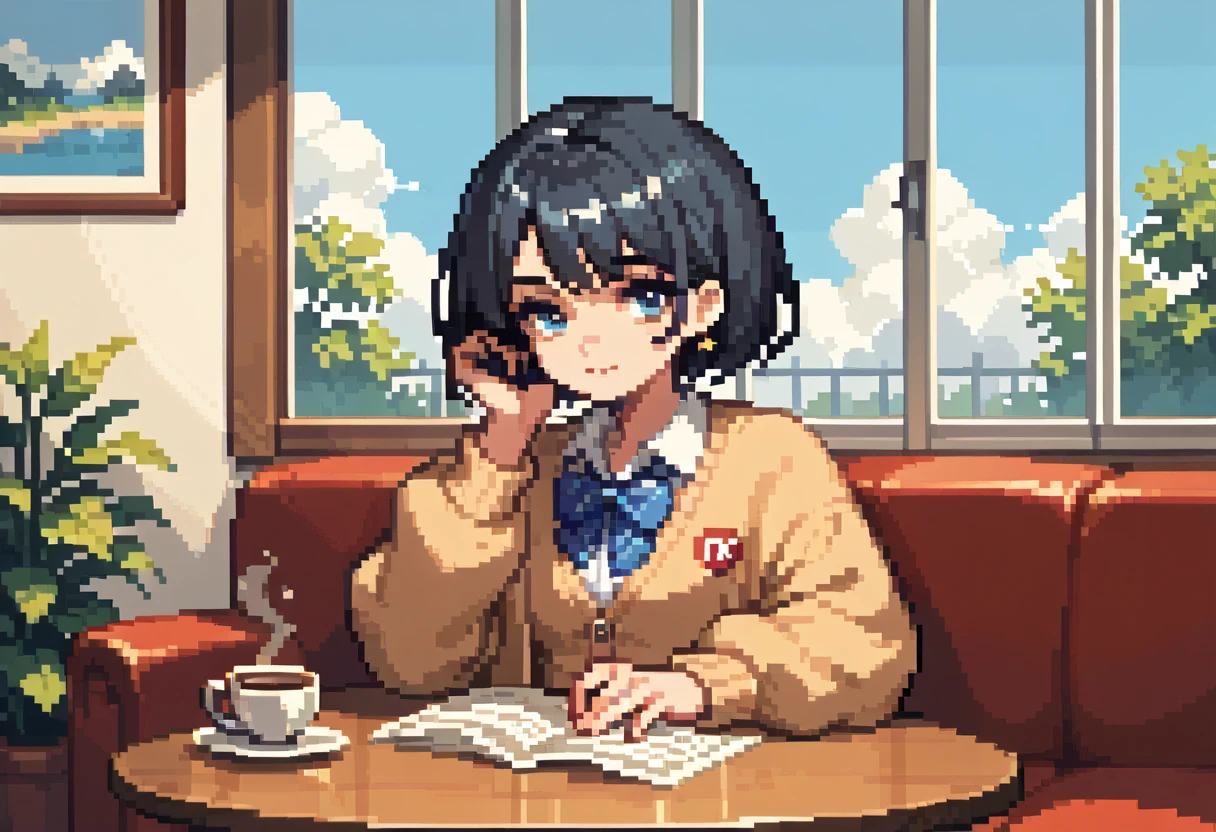  pixel art、solo,2D, beautiful illustration ,throw,Coffee lounge,Sitting facing the Viewer on a square table, looking at viewer,School uniform, Cardigan,black hair ,short hair,bags、Sofa,Window