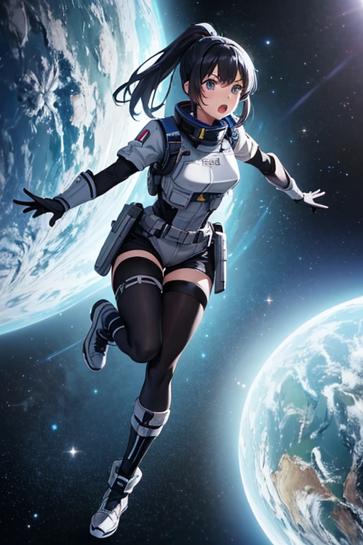  anime picture 、Space science fiction soldier 、 full body portrait 、A  soldier running around 155 cm tall wearing a silver bulletproof vest and silver shorts、 blue eyes、Hairstyle: short ponytail、 black hair、Black tights to cover the lower body、 smiling with open mouth 、 boots、gloves、silvery headset