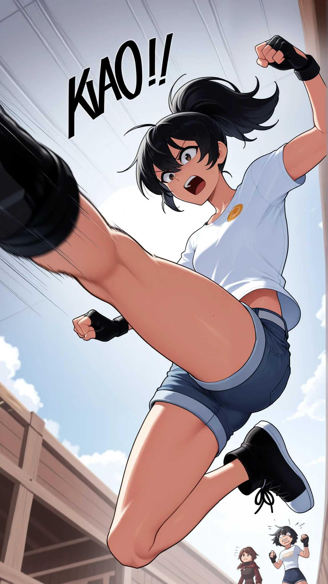 slim female fighter fast dive kicks、high-speed drop attack、Shoe soles focus、、worm’s-eye view、Action, Fighting、Female fighter in denim shorts and white short-sleeved T-shirt, swooping kicks,Shoe soles、solo focus, low-angle view、Kick with one leg straight out、 Woman jumping and kicking、 vertical drop、shoes, fingerless gloves、hand,stable_Yogis_Animetoon_Negatives, powerful composition 、 dynamic composition 、 , slim body, medium chest、Expressions of high speed movement with energy surrounding the body、sound effects、motion lines、motion lines、black hair ponytail、Fast Moving、Kaio-ken、Strong speed lines 、sound effects、Small sun, light clouds、Inside the ring, lighting light