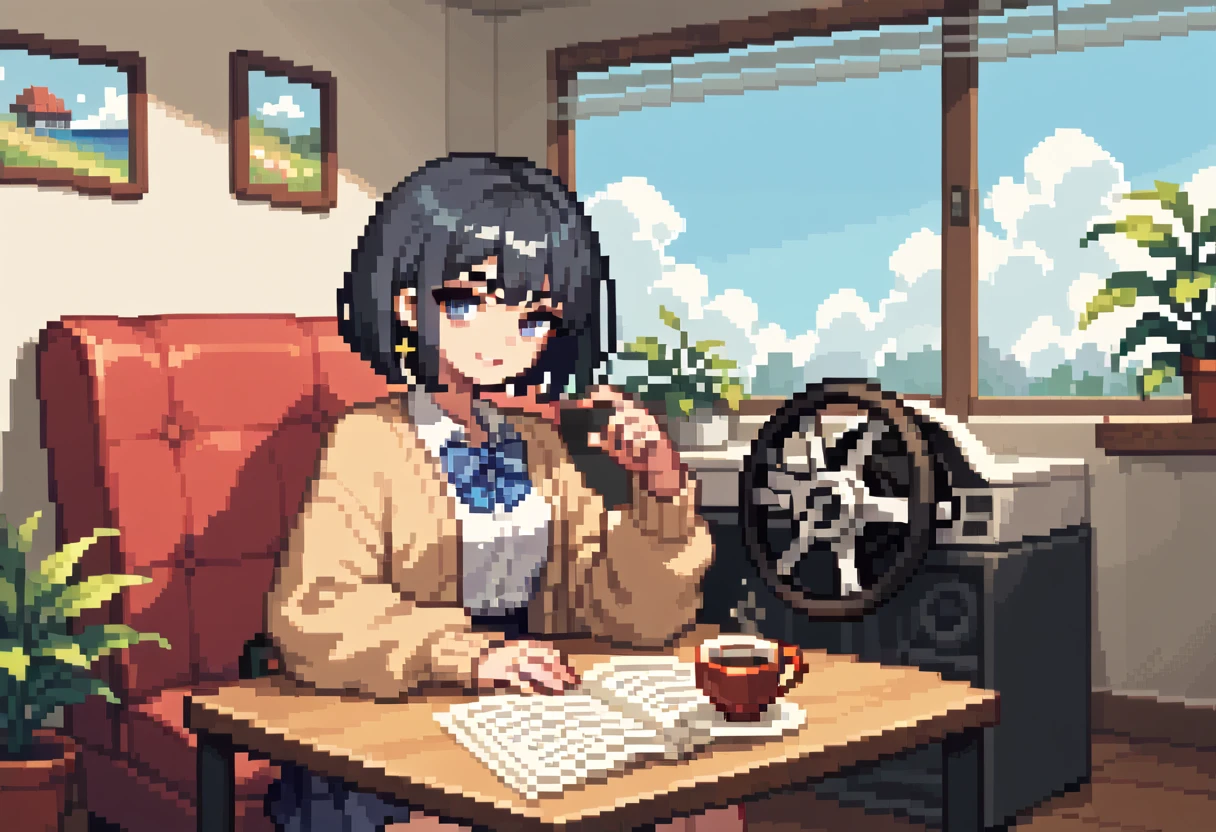  pixel art、solo,2D, beautiful illustration ,throw,Coffee lounge,Sitting facing the Viewer on a square table, looking at viewer,School uniform, Cardigan,black hair ,short hair,bags、Sofa,Window,Scenery of a submerged city、Ferris Wheel、Saturn