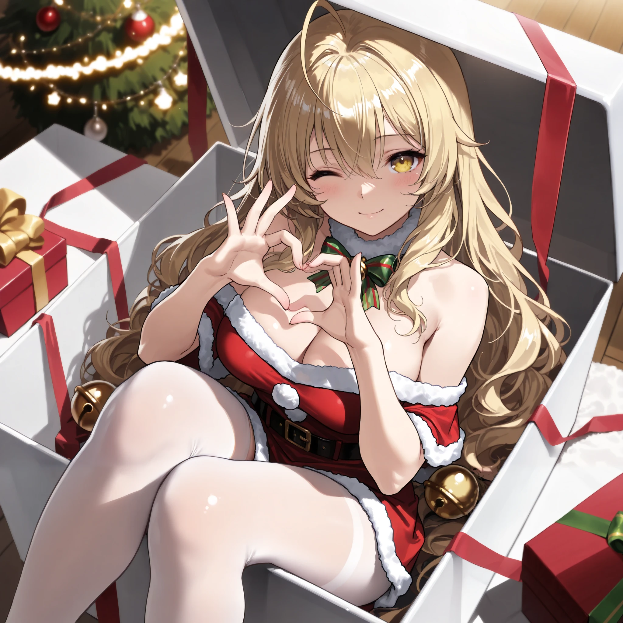 from above, a beautiful woman with short blonde hair in a bobed hair, large breasts, wavy hair, yellow eyes, one eye closed, light smile, santa costume, solo, heart gesture pose, gift box, jingle bell, open box, sitting, Get your feet out of the box, (best quality,4k,8k,highres,masterpiece:1.2),ultra-detailed,intricate details, high fashion, dramatic lighting, warm colors, chiaroscuro