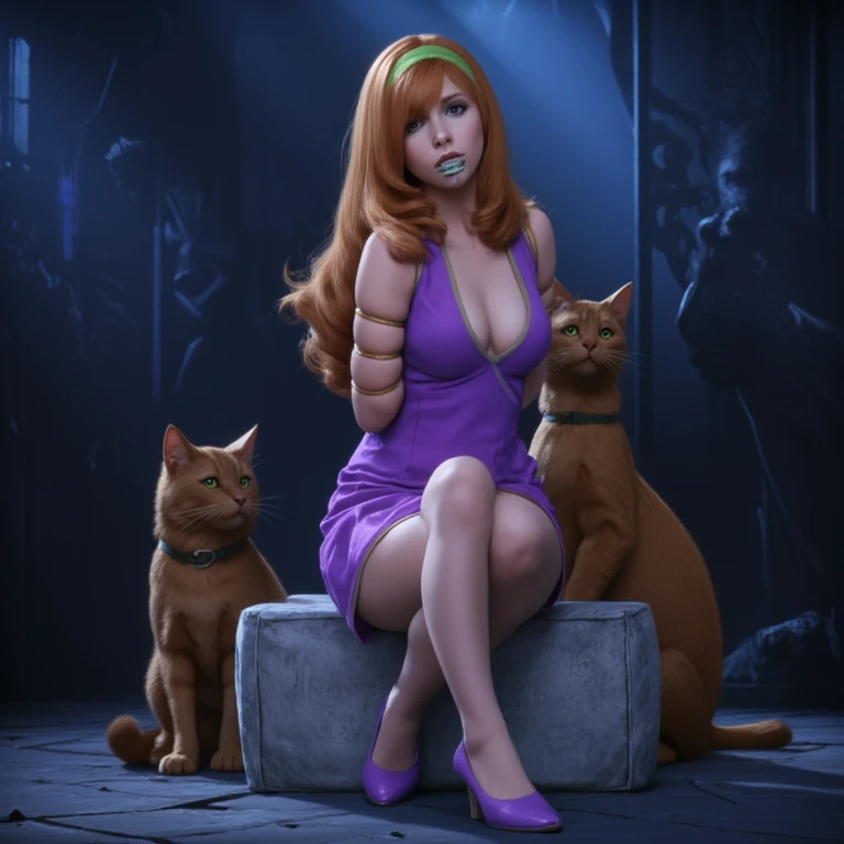 8k, high resolution quality, Daphne Blake bound elbows and hand tied behind back sitting in a dirty warehouse surrounded by cats, red hair, loose medium length hair, green headband, perfect face, perfect breast, perfect body, short tight purple dress, violet stockings, purple high heel shoes. gagged voice. dark wharehouse, dark fantasy, cinemtic.