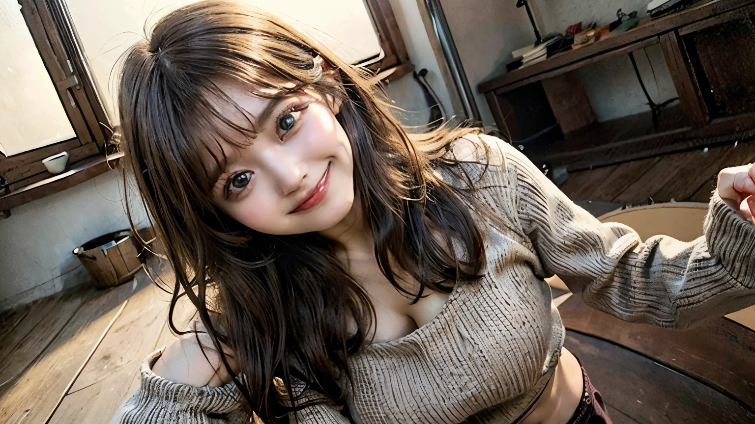 ((Ultra HD)),(Skin wounds:1.2),1woman, 28, (((woman))), (Skin Dentition), nice, alone, Realistic, Highest quality, photoRealistic, masterpiece,8K, High resolution, alone, Highly detailed face, Cowboy Shot, Bust Shot, passport photo, Full Face, (Professional Lighting, Bokeh), (Particles of light, Lens flare, Glowing particles:0.6), (Dynamic pose:1.2), Soft lighting, View from above, Fashionable and trendy atmosphere, Japan, Tokyo, ((at night)), ((Looking at the audience)), (Looking into the camera),(Portraiture:0.6), Are standing, Upper Body, Face close-up, (Mid-chest:1), (Long Hair), Brown Hair, Floating Hair, nose, lips, lipstick, Captivating smile, Floating Hair, Mole, (cheekbone:1), (Mole under eye:1.2), sweater, Jacket, skirt,
