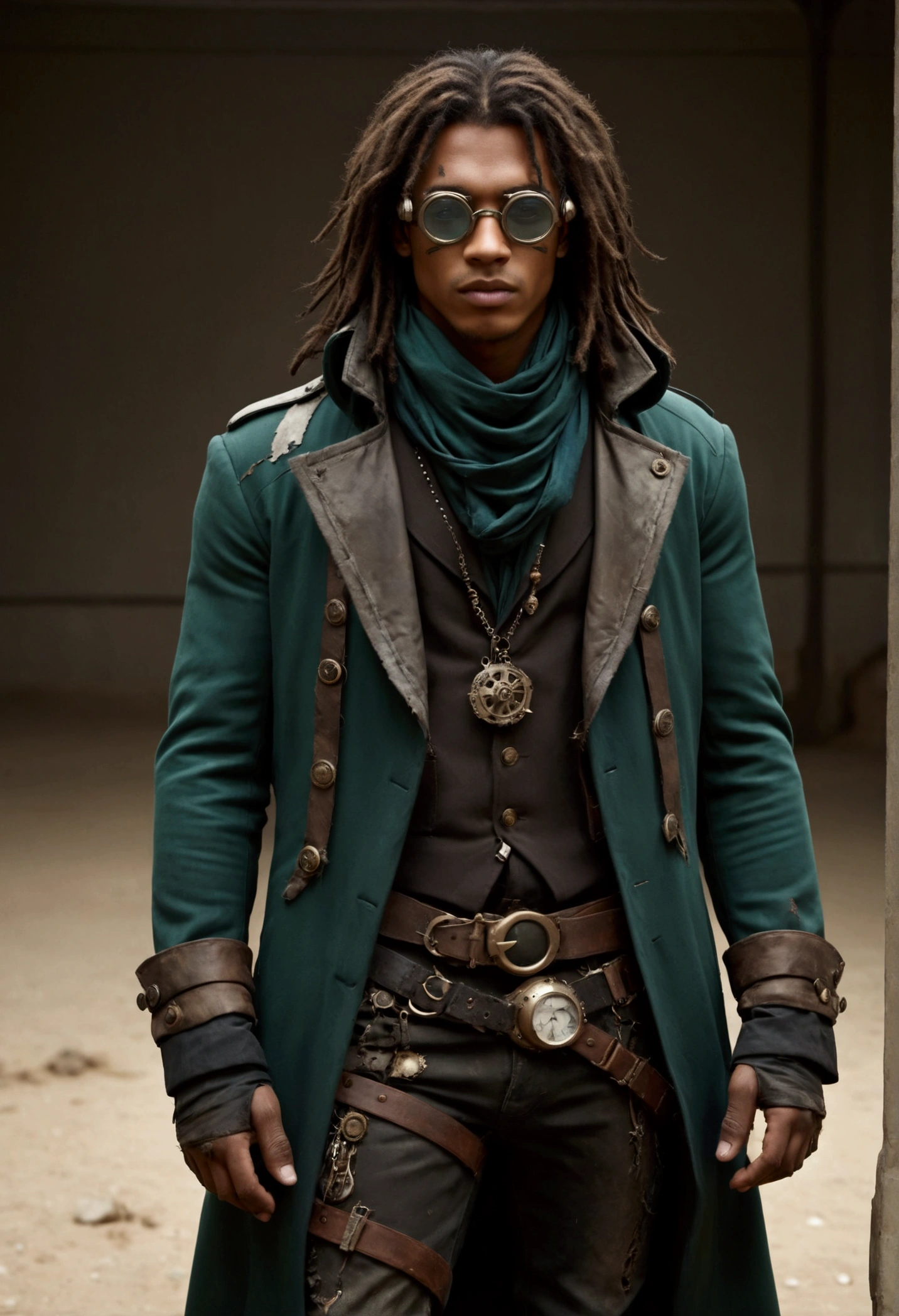 Four different views (front, top, back, and side) of a post-apocalyptic, Create a full-body male character concept art, a determined 21-year-old in a steampunk-space opera world. His long hair, inspired by JB from GOT7, is slightly disheveled and covers part of his face. He wears scavenged clothing that shows signs of wear—tattered layers, heavy boots, and a patched coat. His demeanor is serious and focused, reflecting his harsh experiences. He is always seen wearing interesting glasses, which hide his eyes and protect people from his powers. The design should combine steampunk aesthetics with futuristic tech, creating a mix of rugged and advanced elements in his attire. Cool and Dark Color Palette: Dark and muted tones can reflect your distant, serious personality with a complex emotional background. Main Colors: Ash gray and black: to represent hardness, uncertainty and your internal struggle. Dark blue or petrol blue: these cool tones can symbolize your reserved, mysterious and analytical nature. Accents: Silver or metallic gray: can be linked to the scientific/technological aspect of the world and the fact that your power is more mental and linked to perception. Pale emerald green: to highlight details of your design, especially related to your glasses, giving it an almost "cold but sensitive" touch, without being too warm.
