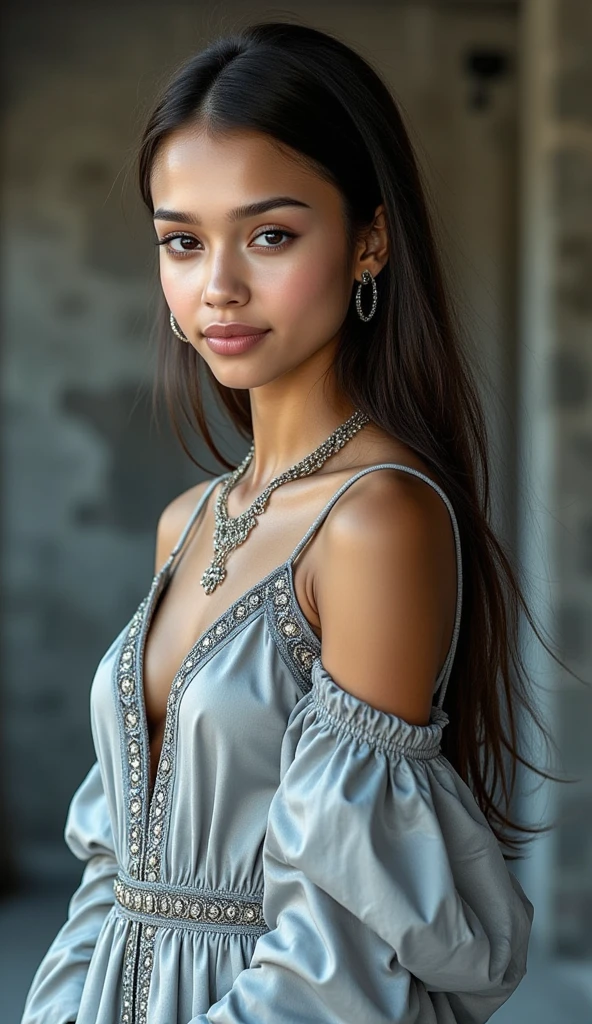 A beautiful girl in a silver dress, highly detailed portrait, elegant pose, cinematic lighting, photorealistic, 8k, best quality, masterpiece, intricate details, volumetric lighting, hyper realistic skin, detailed facial features, mesmerizing eyes, lush lips, long eyelashes, soft glowing skin, flowing silver dress, graceful movement, serene expression, atmospheric background, cinematic framing