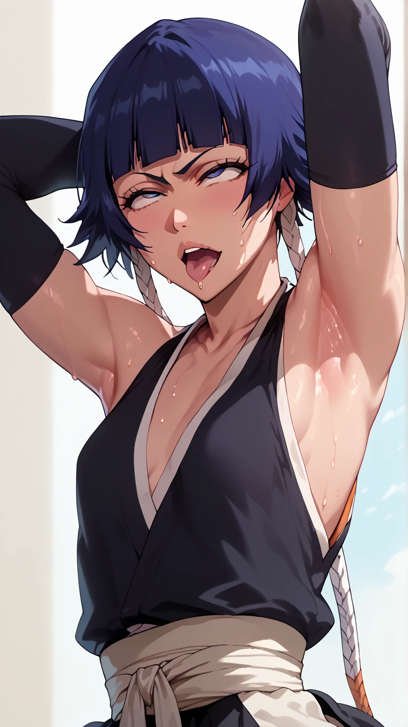 a picture, inspired by Kentaro Miura, trending on pixiv, soifon from bleach, black uniform, favorite scene, fine details, skins, sweating, small breasts, both hands raised, armpits, armpits visible, dripping with sweat, more more sweat, armpits, open mouth,rolling eyes,(small beats),muscle,full body,kneel down,open legs.