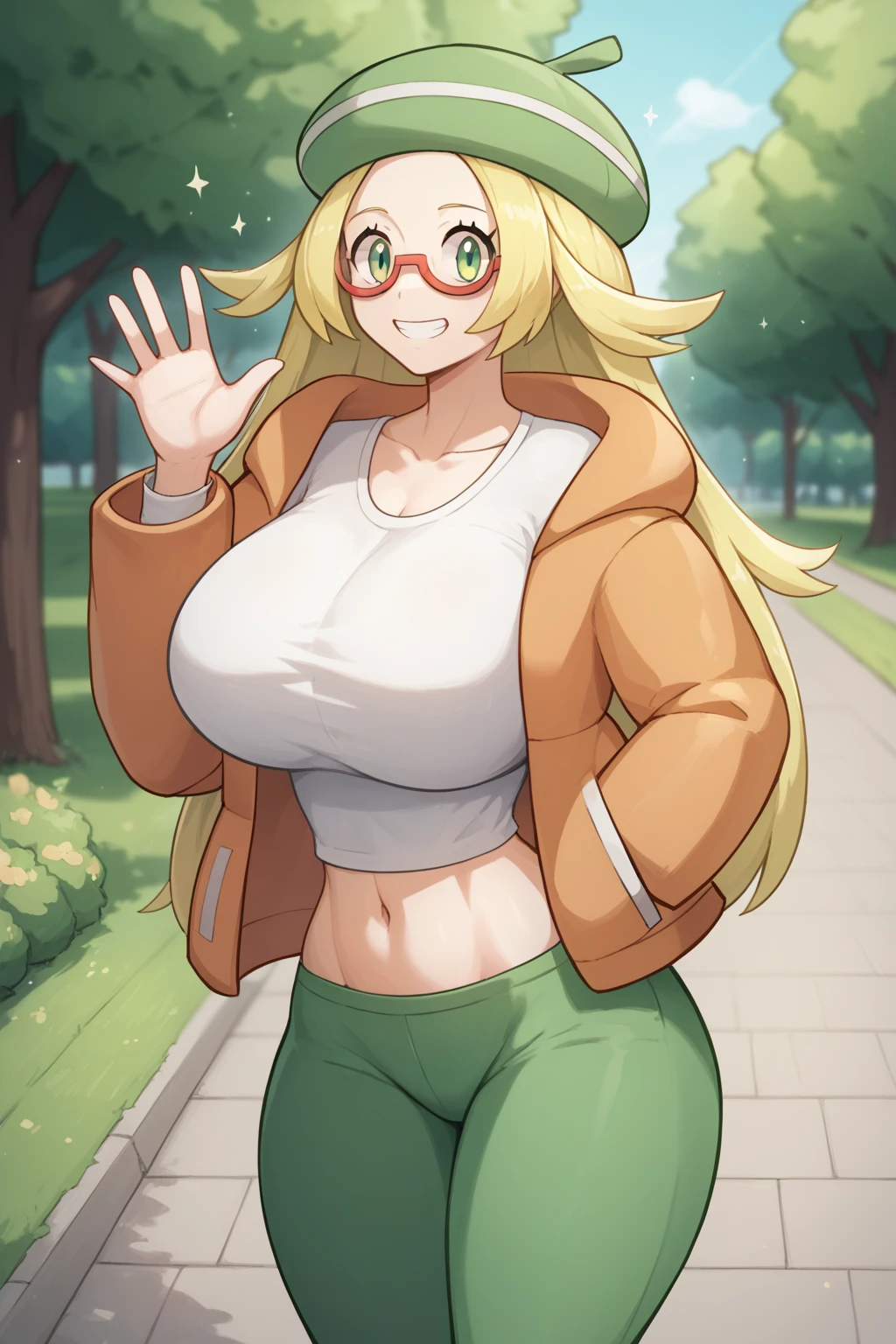 Bianca from Pokemon, Blonde Hair, Long Hair, Hair Down Back, Green Eyes, Orange Jacket, White Shirt, Midriff, Green Pants, Red Glasses, Green Burret Hat, Red Sky, In a Park, Waving, Huge Breasts, Wide Hips, Thin Waist, Solo, Aerial View, Smiling, (cartoon-style bold line work:1.2), vibrant colors, cel shading, Simplistic Art Style, looking at viewer, solo