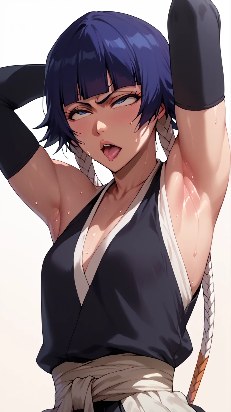 a picture, inspired by Kentaro Miura, trending on pixiv, soifon from bleach, black uniform, favorite scene, fine details, skins, sweating, small breasts, both hands raised, armpits, armpits visible, dripping with sweat, more more sweat, armpits, open mouth,rolling eyes,(small beats),muscle,full body,kneel down,open legs,look at the view.