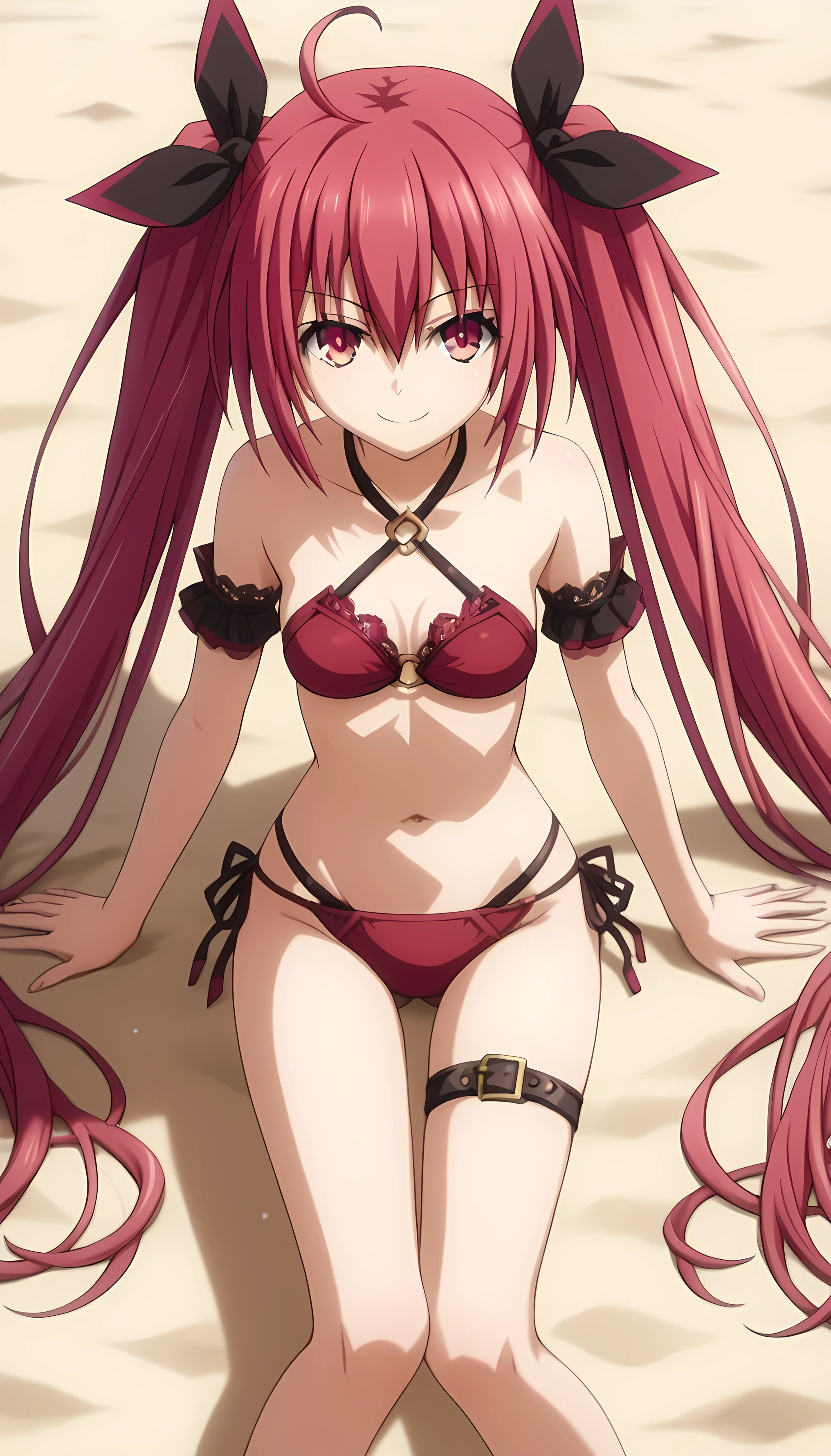 score_9, score_8_up, score_7_up, source_anime, kotori itsuka, kotori itsuka, long hair, red eyes, twintails, very long hair, red hair, ahoge, ribbon, hair ribbon, bare shoulder, ((a lustful smile)), looks at the viewer, solo, outdoors, beach, High-quality and detailed fingers, improve lighting, improve details, improve environment details, improve eyes details, improve legs details, improve figure details, ((A red lace micro-bikini with thin straps and a low waistline)), ((She lies stretched out on the sand, his arms stretched out in different directions, knees are locked together)),