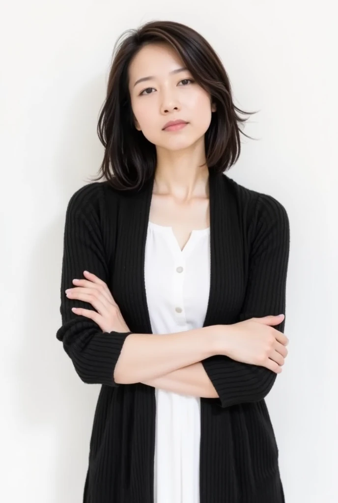 The image is a full-length portrait of a young asian woman standing with her arms crossed over her chest. She is wearing a black shawl over a white dress. The woman has shoulder-length dark hair that is styled in loose waves and falls over her shoulders. She has a neutral expression on her face and is looking directly at the camera. The background is plain white, making the woman the focal point of the image.