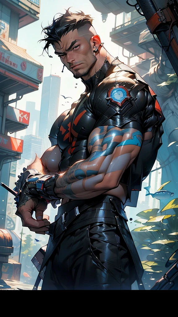 partially destroyed humanoid cyborg with a human face standing in front of a crumbling gas station that is overgrown in plants, (handsome indian male face:1.2), post apocalyptic, solarpunk, vines, plant overgrowth, flora, fauna, sunshine, dust particles, sunbeans, godrays, realistic details, bokeh,