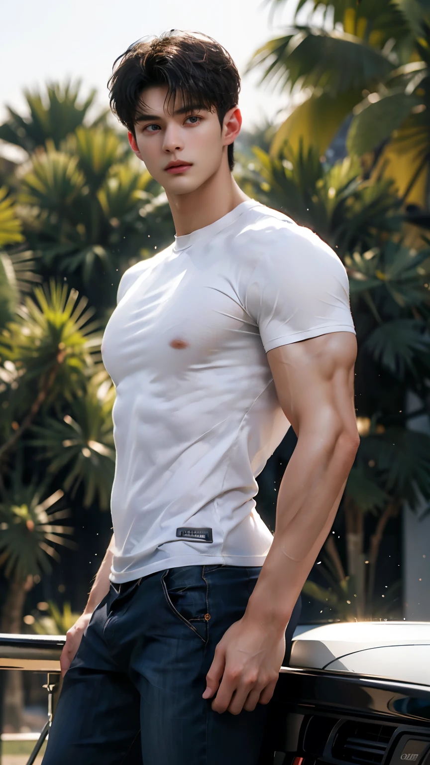 Two handsome Chinese muscular boys, 15-18 years old, bright light, white skin, delicate facial features, eye repair, perfect eyes, perfect face, face repair, virtual engine, HD repair, wearing golden underwear, on the grass outdoors, (((full body image))), bright light, studio lighting, 8k, high resolution, HD HD, surreal, ∨ 5