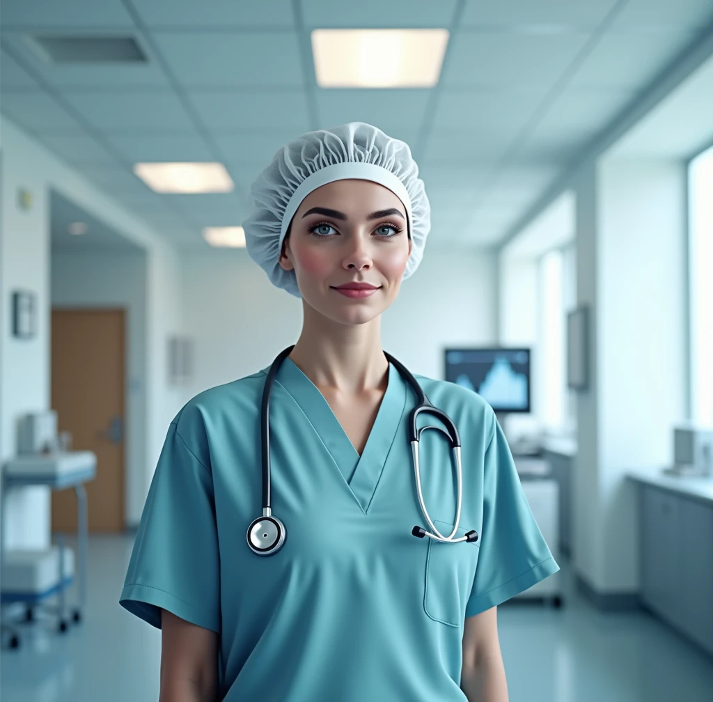 A portrait of a doctor women in hospital generated by AI that looks almost real.