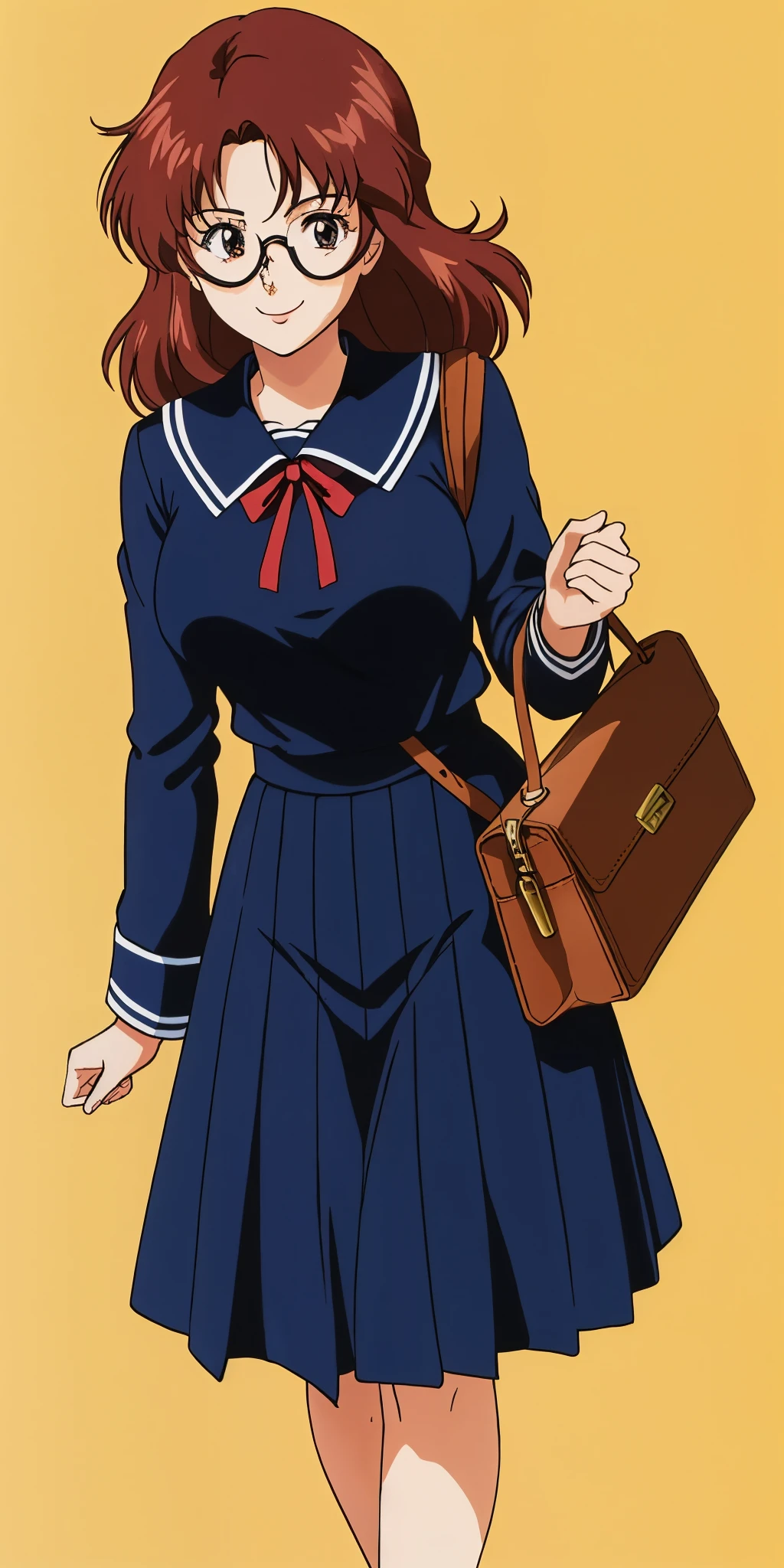 Young woman drawn in 80’s anime art style. 
Retro anime. Vintage Anime. Classical Anime. 
Black Dark Brown HAIR
Long Nihongami Hair
(Round Glasses)
(Round and Circle eyes)
(Light Brown eyes)
(Medium Sized Eyebrows)
(Freckles on Cheek)
(Light Tan Woman)
(Medium Breast)
Seductive Smile

She is wearing a sailor fuku (セーラー服, sērā fuku, sailor outfit) is a common japanese style of uniform worn by women, traditionally by high school female students. 

The uniform generally consists of a sailor-styled blouse attached with a (Navy blue sailor-style collar) and a Dark Navy Blue Sailor Blouse. The length of the long skirt goes down past her ankle.

A ribbon is tied in the front and laced through a loop attached to the sailor blouse. The color is the ribbon is red. (RED RIBBON)

(Dark Navy Blue Sailor Shirt)
(Dark Navy Pleated Skirt)

She is holding a brown briefcase.
She is visiting a High School.

(Solo)
