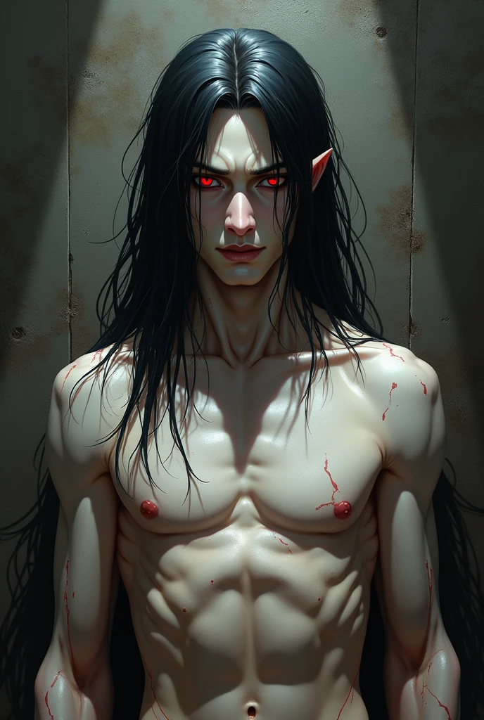Man with imposing demonic appearance, beautiful, with greyish skin and dark horns that curve backwards. His eyes are different colors: one red and one green, which accentuates its disturbing appearance. her hair is black, straight and shoulder length. His figure is tall and muscular., with a presence that combines elegance and ferocity.

