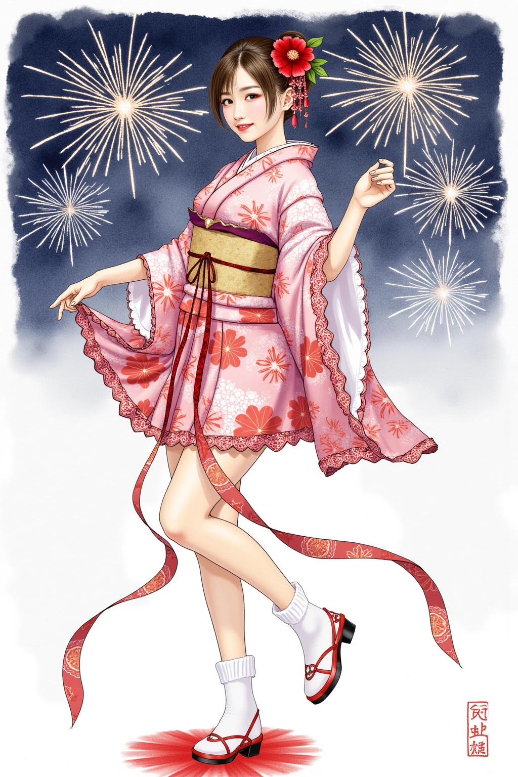 （sumi-e）、A beautiful Japanese woman in a traditional kimono, depicted in a sumi-e style, (kimono winter flower print lace ruffle fashion:1.3), (knee socks), (dynamic pose), (standing), (smiling), (background winter fireworks:1.3)、 celebrating New Year's. The illustration should capture the elegance of the attire and the serene ambiance of the holiday, with subtle ink wash techniques and soft tones.