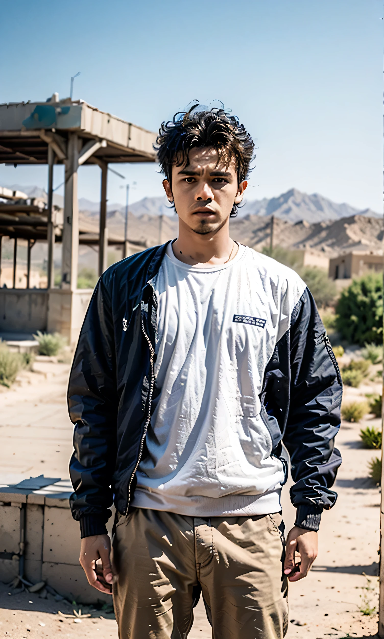 A young man with wheat-colored skin and a small beard streaked with gray stands in the harsh sunlight of a desert outpost. His curly hair is windswept, and sweat drips down the bridge of his slightly crooked nose. His faded utility jacket and weathered boots are caked in dust, while his sharp, watchful eyes scan the horizon.