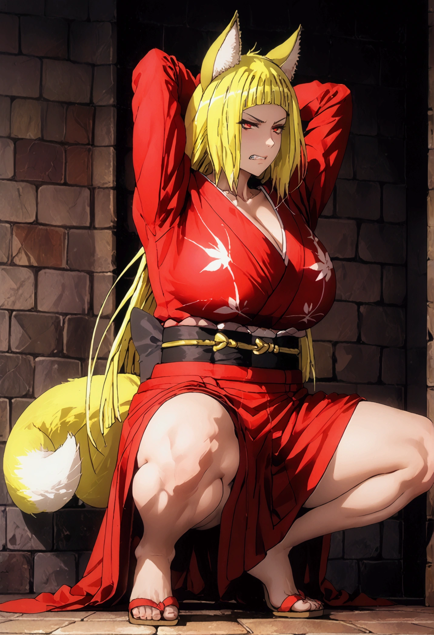 (((Haruhime Sanjouno)))、(((Blonde)))、((( long hair)))、((( fox ears)))、(((Fox&#39;s Tail)))、(((Red kimono)))、((((( squat)))))、(((Leg spread)))、((Gigantic Huge Breast))、((((( crotch)))))、((arms behind head)),(((get angry))),(((Glare with sharp eyes)))、((( Master Karate )))、(((Showing teeth)))、(((shiri))),(( dungeon))、{{{NFSW}}}、{masterpiece}, { top quality }, {ultra-  Details}, {shape}, { is very delicate and beautiful},{extremely   Details CG}、{ Unity 8k Portrait with Shackles}、{Fabric Shading}、{super   Details skin}、{ Perfect Anatomy}、{ Details}、{Dynamic Lighting}、{beautiful   Details eyes}、{beautiful   Details Face}、{ realistic , RAW anime }、( perfect face)、(非常に  Detailsな顔)、( perfect eyes)、(Highlights)、(  perfect legs)、(Perfect breasts)、(Perfect pose)、( perfect body),((( full body depiction)))