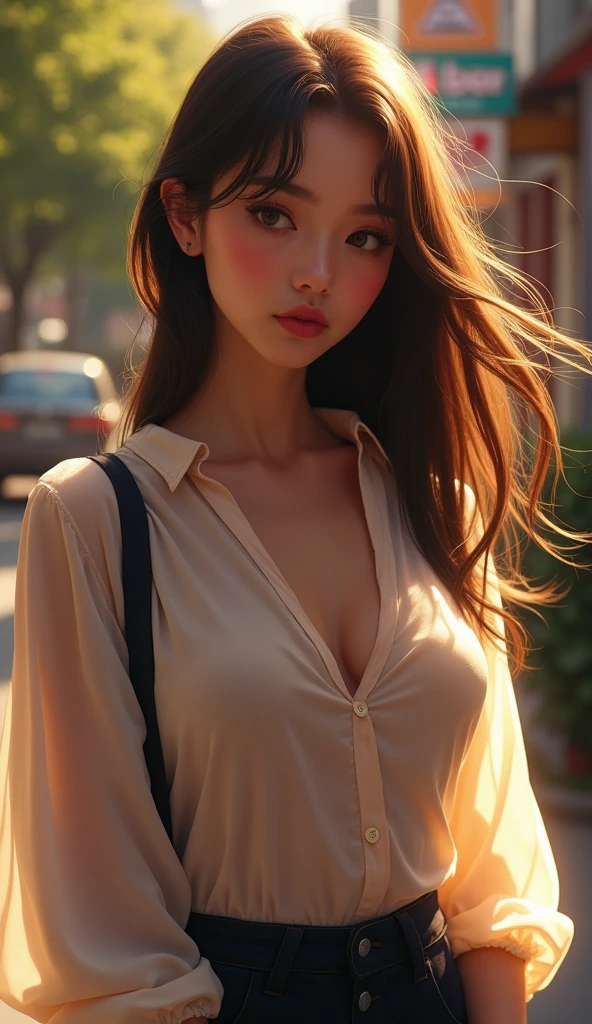 A MILF,Long legs,比基尼,Long hair and big waves,Bigchest,highly accurate,Upturned and delicate ass,((Best quality, 8K, Masterpiece :1.3)), Sharp focus :1.2, Pretty Women with Perfect Figure :1.4, Slender abs :1.2, ((layered haircuts, Big breasts :1.2)), (Tank top shirt :1.1), (street :1.2), Highly detailed face and skin texture, Detailed eyes, 二重まぶた,
