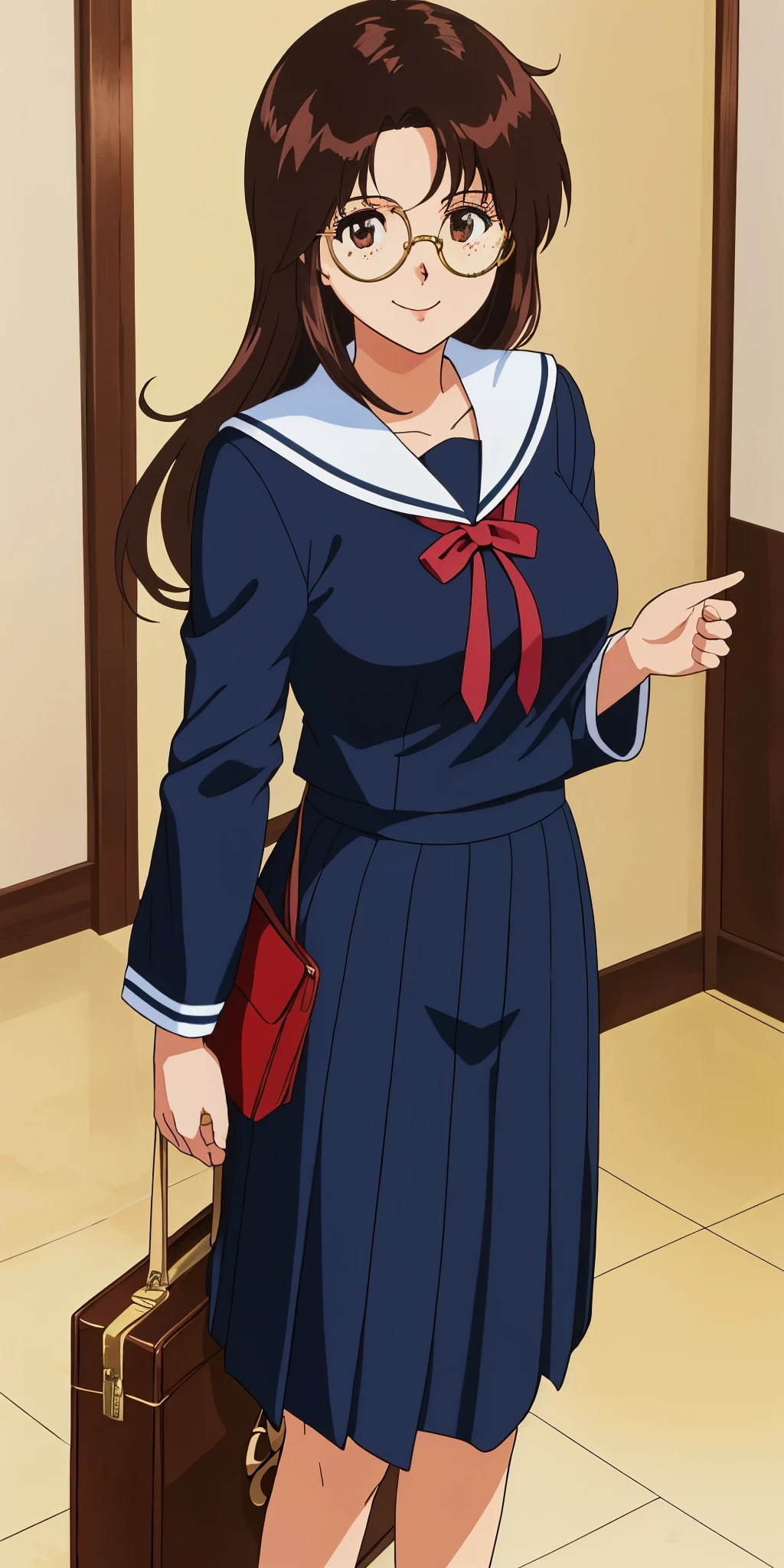 Young woman drawn in 80’s anime art style. 
Retro anime. Vintage Anime. Classical Anime. 
Black Dark Brown HAIR
Long Nihongami Hair
(Round Glasses)
(Round and Circle eyes)
(Light Brown eyes)
(Medium Sized Eyebrows)
(Freckles on Cheek)
(Light Tan Woman)
(Medium Breast)
Seductive Smile

She is wearing a sailor fuku (セーラー服, sērā fuku, sailor outfit) is a common japanese style of uniform worn by women, traditionally by high school female students. 

The uniform generally consists of a sailor-styled blouse attached with a (Navy blue sailor-style collar) and a Dark Navy Blue Sailor Blouse. The length of the long skirt goes down past her ankle.

A ribbon is tied in the front and laced through a loop attached to the sailor blouse. The color is the ribbon is red. (RED RIBBON)

(Dark Navy Blue Sailor Shirt)
(Dark Navy Pleated Skirt)

She is holding a brown briefcase.
She is visiting a High School.

(Solo)
