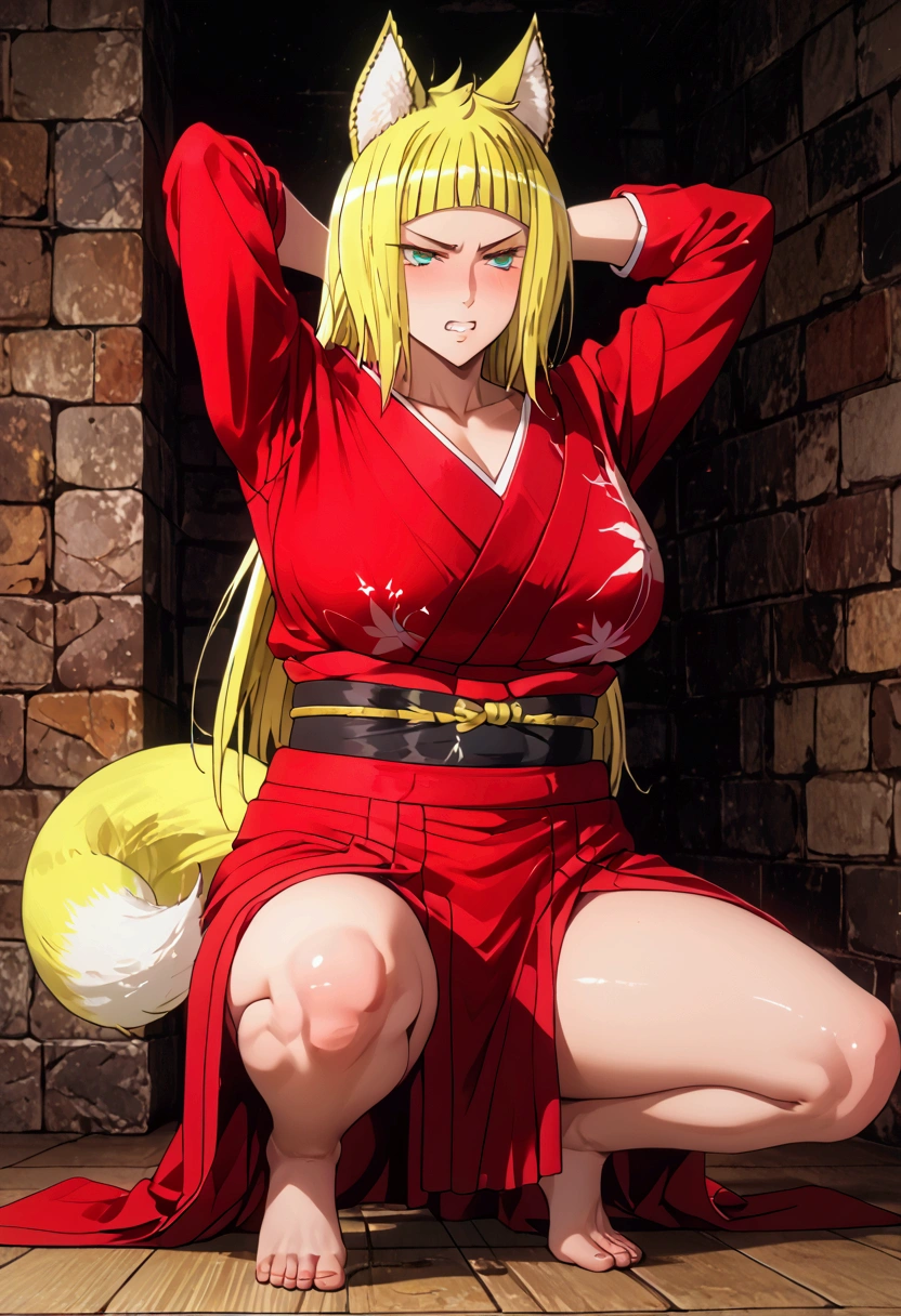 (((Haruhime Sanjouno)))、(((Blonde)))、((( long hair)))、((( fox ears)))、(((Fox&#39;s Tail)))、(((Red kimono)))、((((( squat)))))、(((Leg spread)))、((Gigantic Huge Breast))、((((( crotch)))))、((arms behind head)),(((get angry))),(((Glare with sharp eyes)))、((( Master Karate )))、(((Showing teeth)))、(((shiri))),(( dungeon))、{{{NFSW}}}、{masterpiece}, { top quality }, {ultra-  Details}, {shape}, { is very delicate and beautiful},{extremely   Details CG}、{ Unity 8k Portrait with Shackles}、{Fabric Shading}、{super   Details skin}、{ Perfect Anatomy}、{ Details}、{Dynamic Lighting}、{beautiful   Details eyes}、{beautiful   Details Face}、{ realistic , RAW anime }、( perfect face)、(非常に  Detailsな顔)、( perfect eyes)、(Highlights)、(  perfect legs)、(Perfect breasts)、(Perfect pose)、( perfect body),((( full body depiction)))