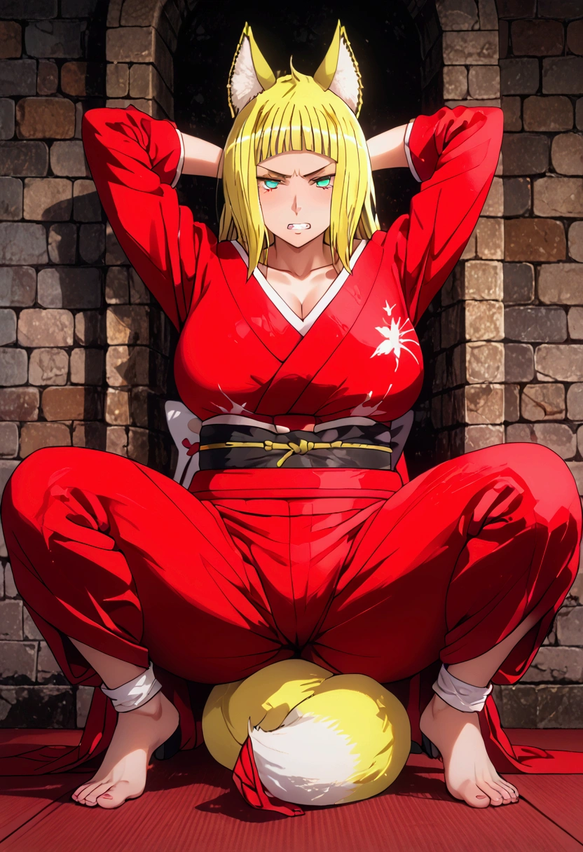 (((Haruhime Sanjouno)))、(((Blonde)))、((( long hair)))、((( fox ears)))、(((Fox&#39;s Tail)))、(((Red kimono)))、((((( squat)))))、(((Leg spread)))、((Gigantic Huge Breast))、((((( crotch)))))、((arms behind head)),(((get angry))),(((Glare with sharp eyes)))、((( Master Karate )))、(((Showing teeth)))、(((shiri))),(( dungeon))、{{{NFSW}}}、{masterpiece}, { top quality }, {ultra-  Details}, {shape}, { is very delicate and beautiful},{extremely   Details CG}、{ Unity 8k Portrait with Shackles}、{Fabric Shading}、{super   Details skin}、{ Perfect Anatomy}、{ Details}、{Dynamic Lighting}、{beautiful   Details eyes}、{beautiful   Details Face}、{ realistic , RAW anime }、( perfect face)、(非常に  Detailsな顔)、( perfect eyes)、(Highlights)、(  perfect legs)、(Perfect breasts)、(Perfect pose)、( perfect body),((( full body depiction)))