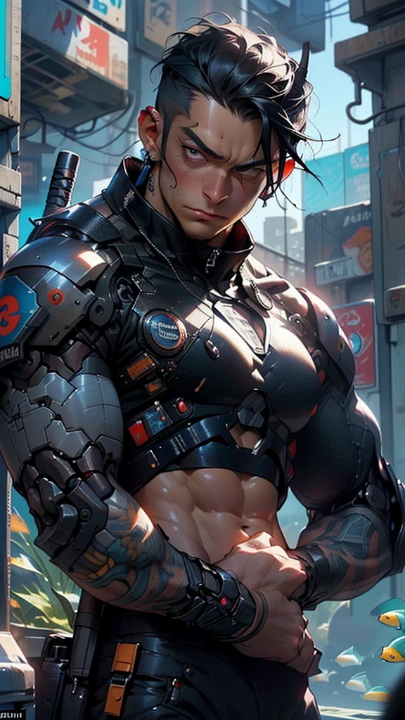 photo realistic,the cyberpunk gang men,cybernetically enhanced,modified body,atrocious gadget,tatoos, facial implants, cyberware,in abandoned factory,intricate details, depth of field,beautiful lighting, volumetric lighting, dynamic angle, (photographic portrait), sharp,